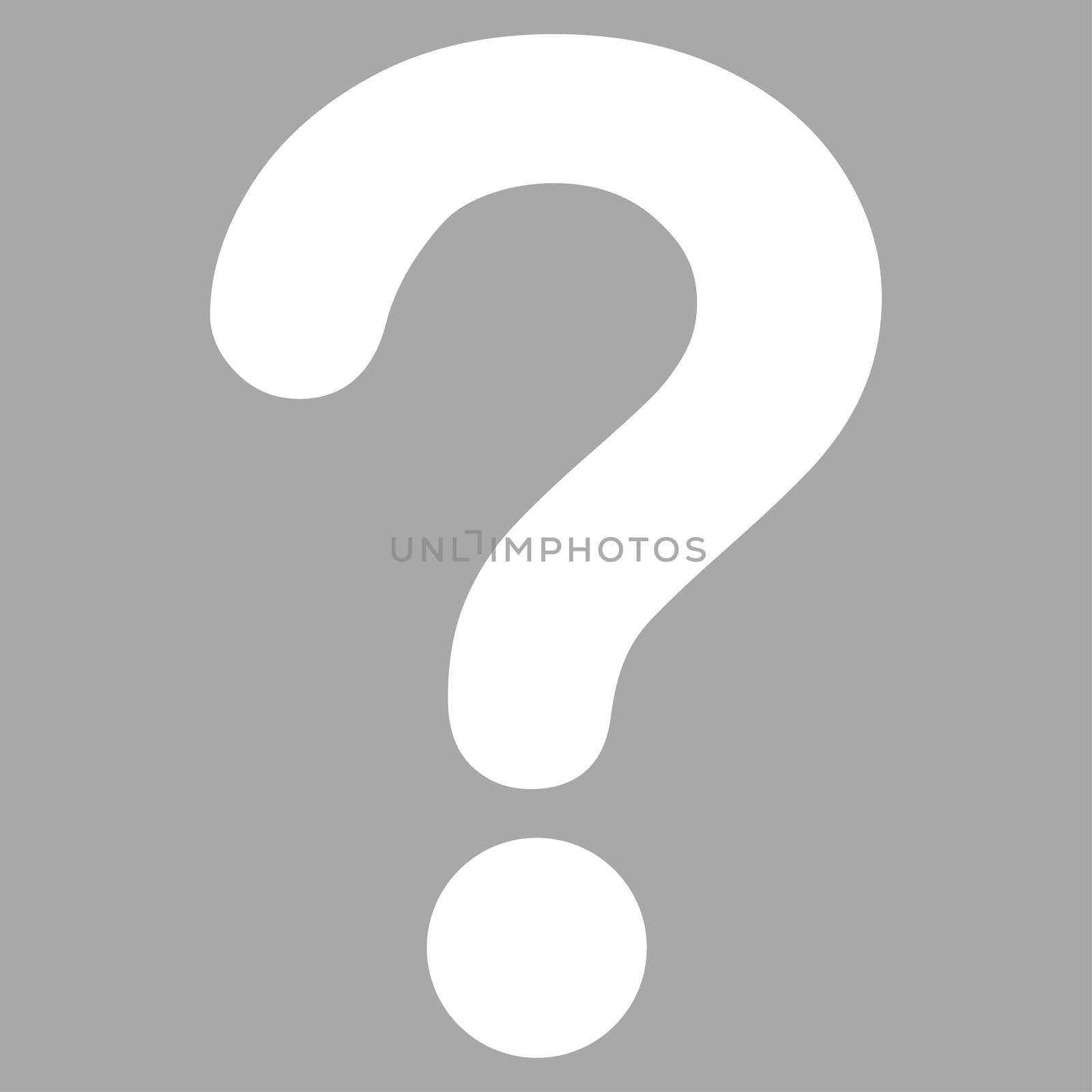 Question icon from Primitive Set. This isolated flat symbol is drawn with white color on a silver background, angles are rounded.