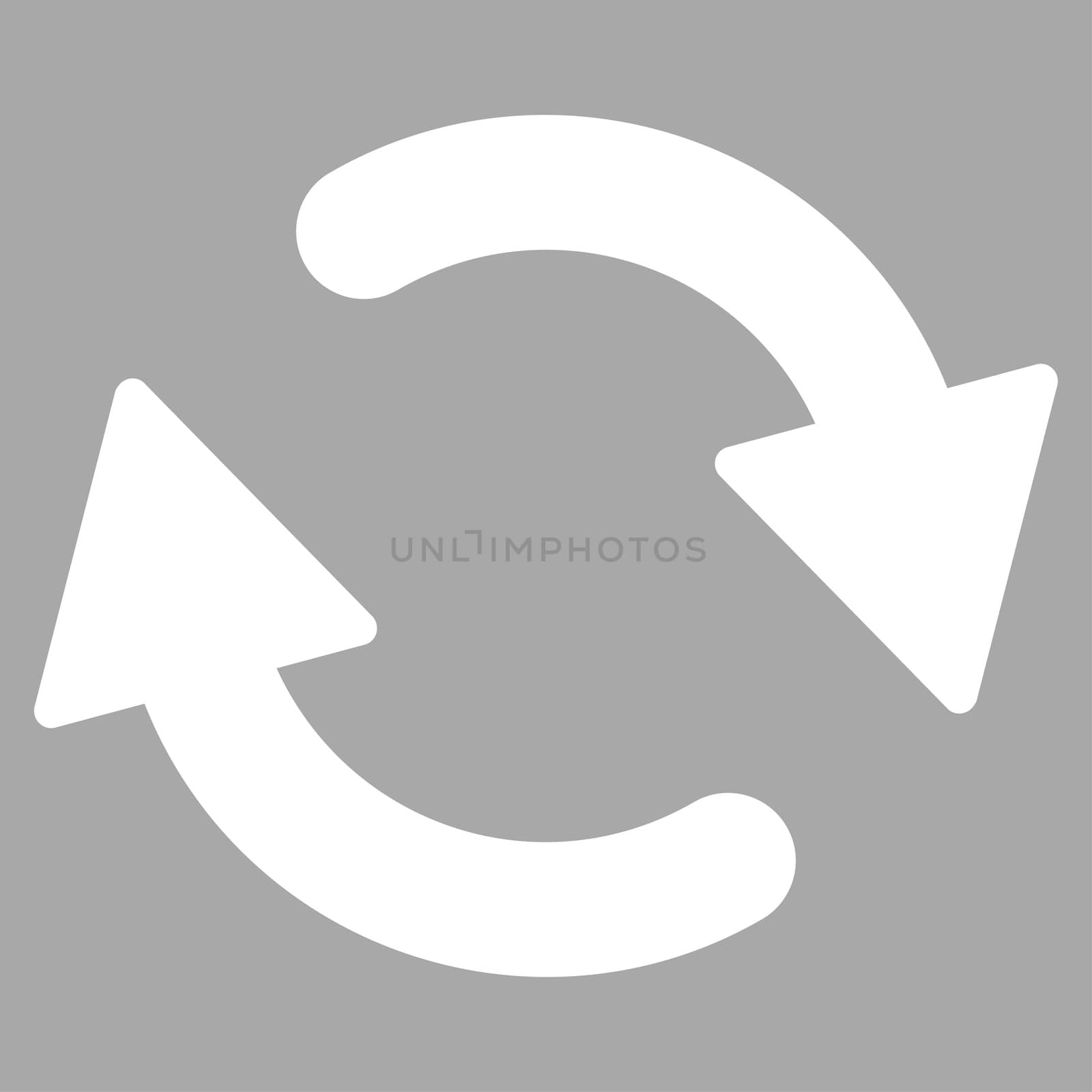 Refresh icon from Primitive Set. This isolated flat symbol is drawn with white color on a silver background, angles are rounded.