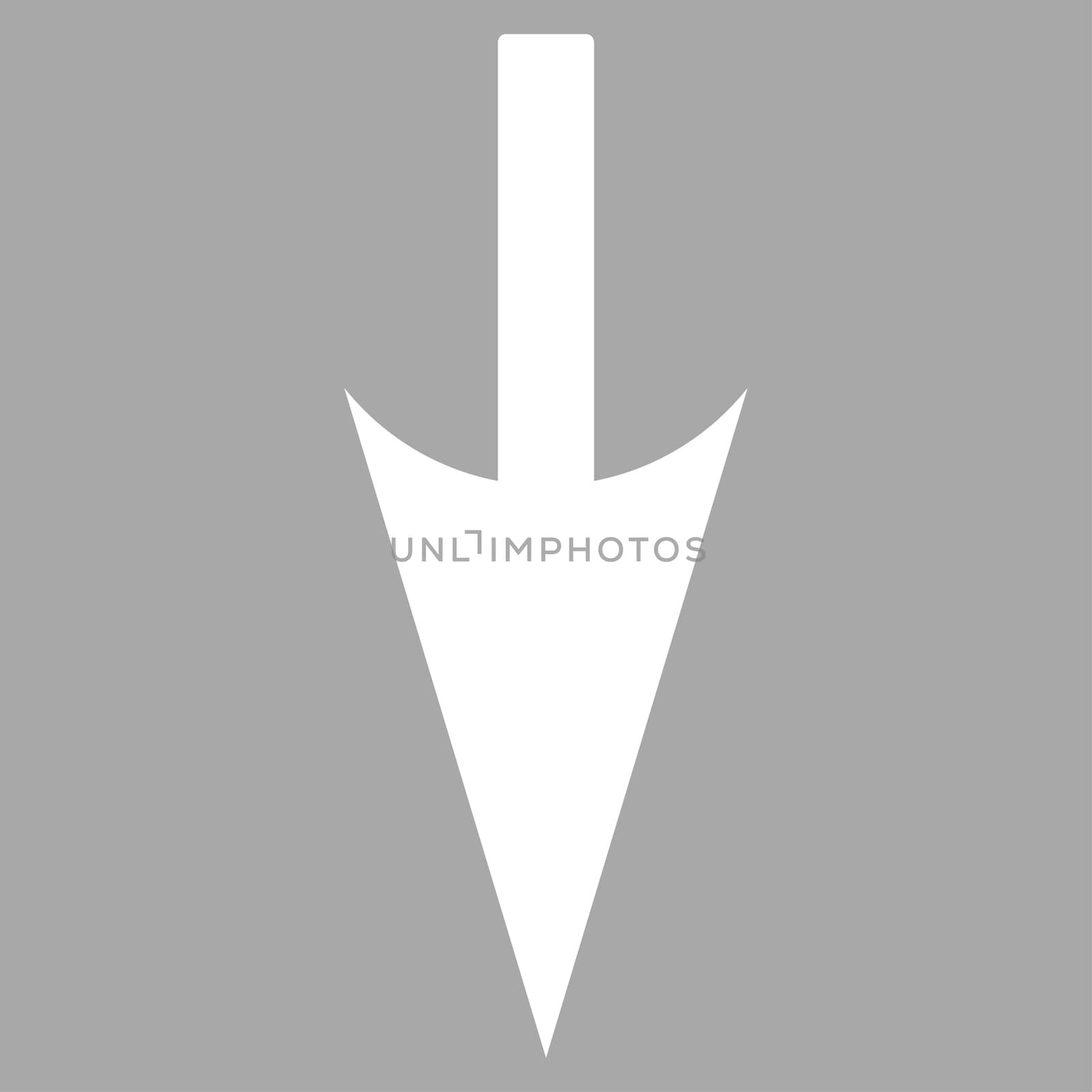 Sharp Down Arrow icon from Primitive Set. This isolated flat symbol is drawn with white color on a silver background.