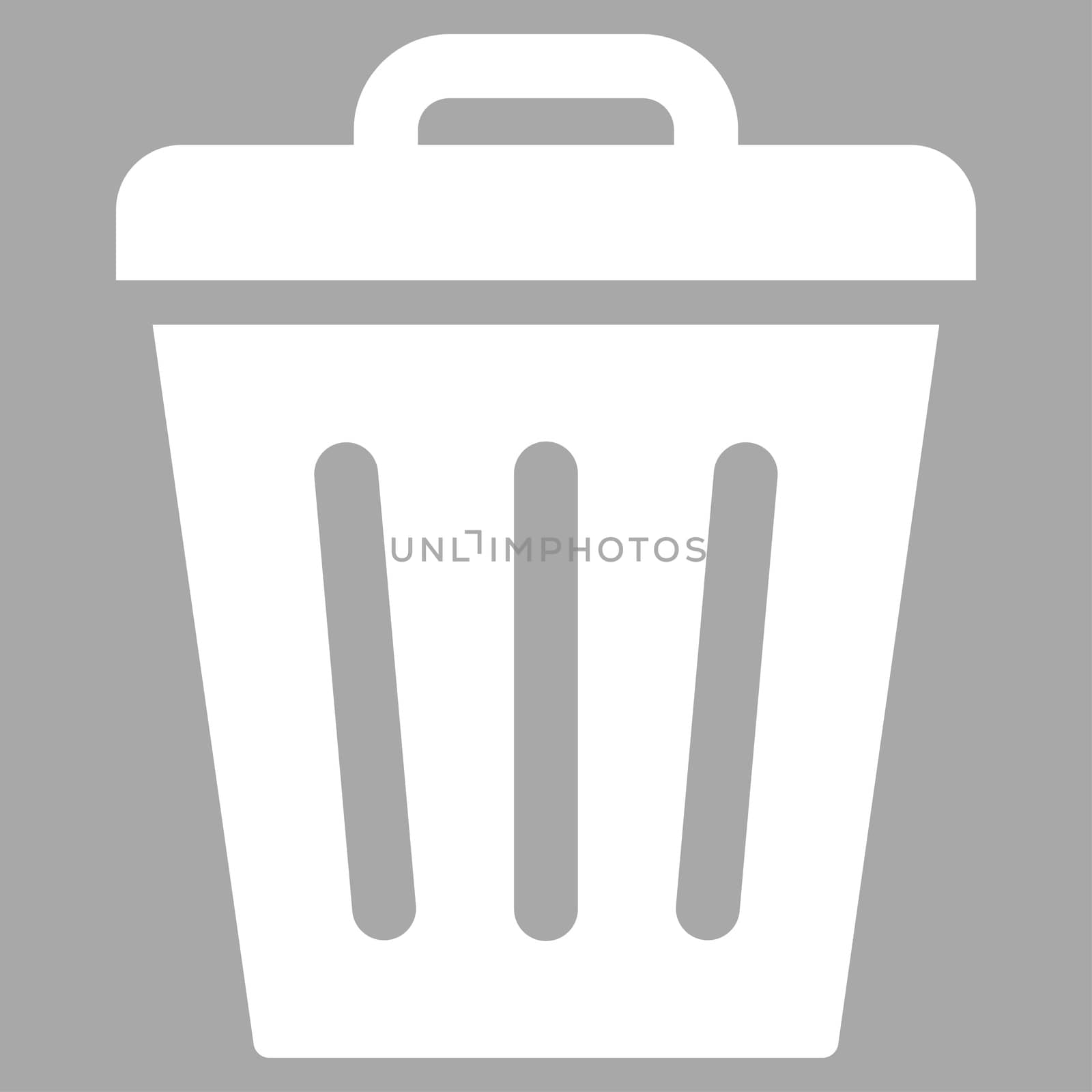 Trash Can icon from Primitive Set. This isolated flat symbol is drawn with white color on a silver background, angles are rounded.