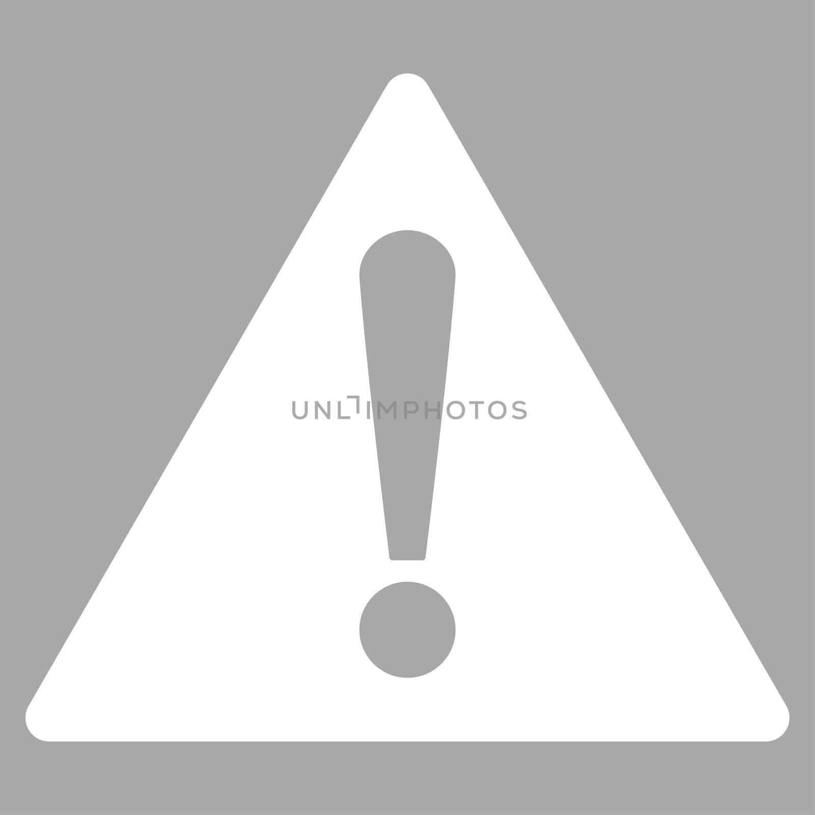 Warning icon from Primitive Set. This isolated flat symbol is drawn with white color on a silver background, angles are rounded.