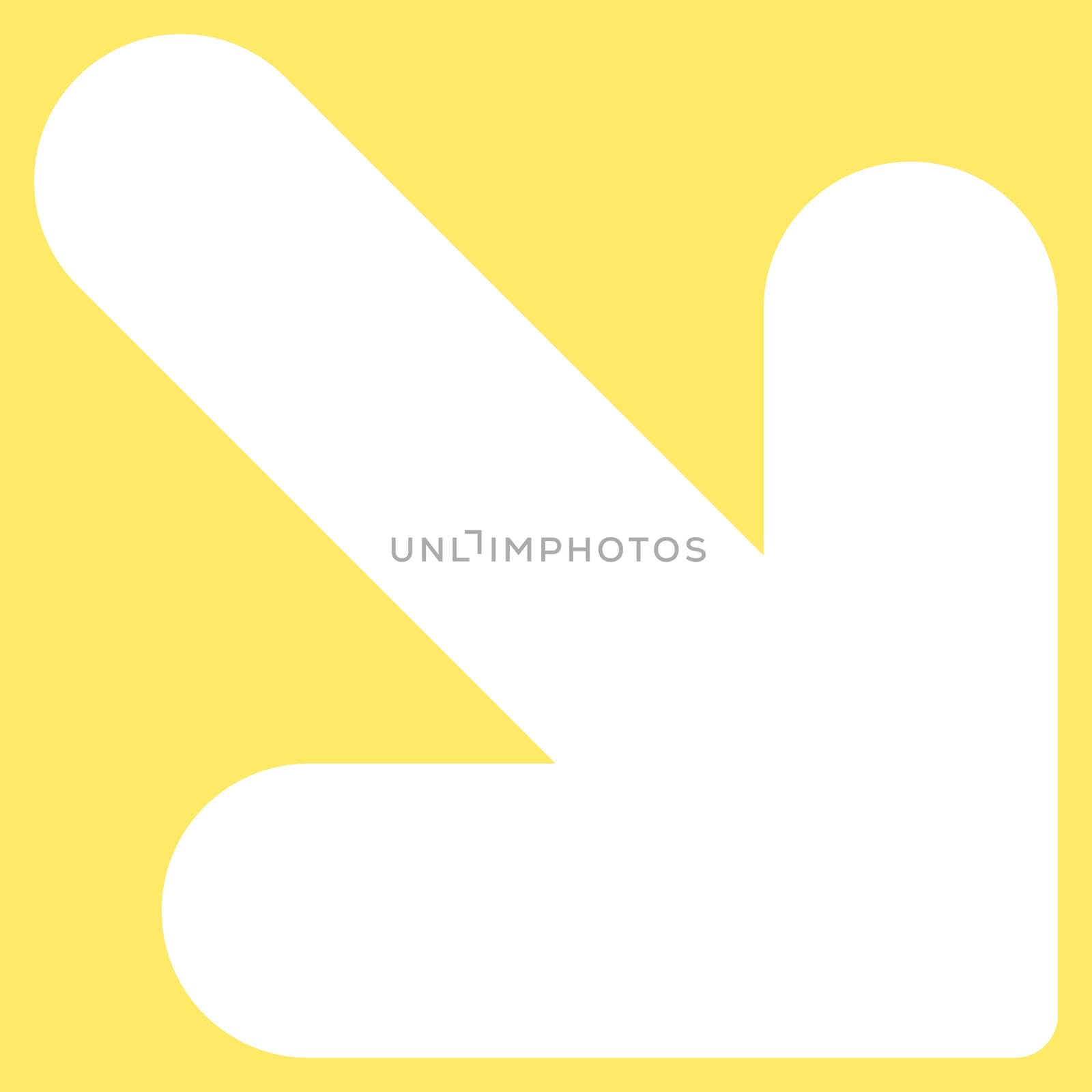 Arrow Down Right icon from Primitive Set. This isolated flat symbol is drawn with white color on a yellow background, angles are rounded.
