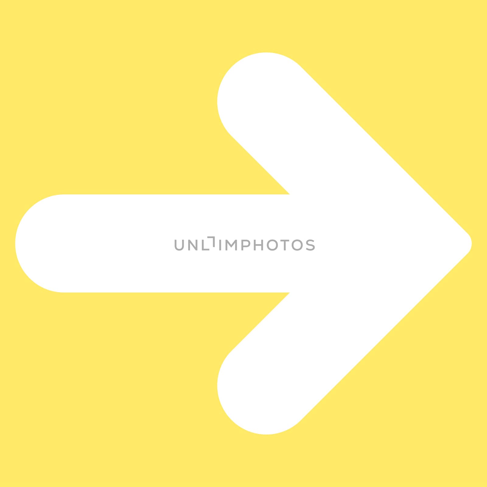 Arrow Right icon from Primitive Set. This isolated flat symbol is drawn with white color on a yellow background, angles are rounded.