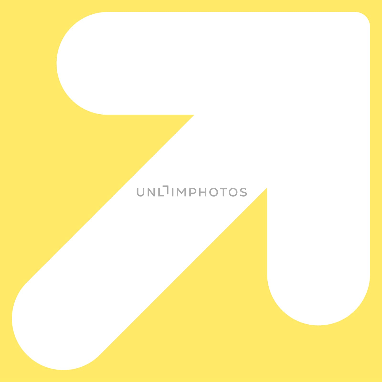 Arrow Up Right icon from Primitive Set. This isolated flat symbol is drawn with white color on a yellow background, angles are rounded.