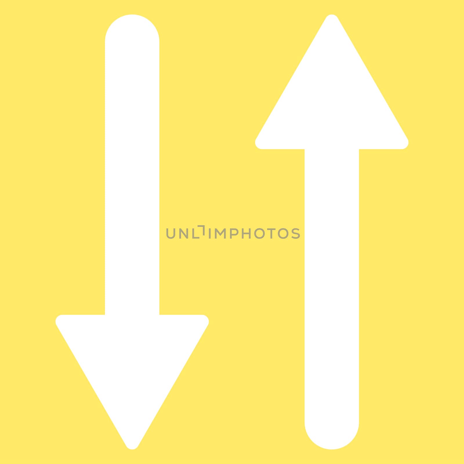 Arrows Exchange Vertical icon from Primitive Set. This isolated flat symbol is drawn with white color on a yellow background, angles are rounded.