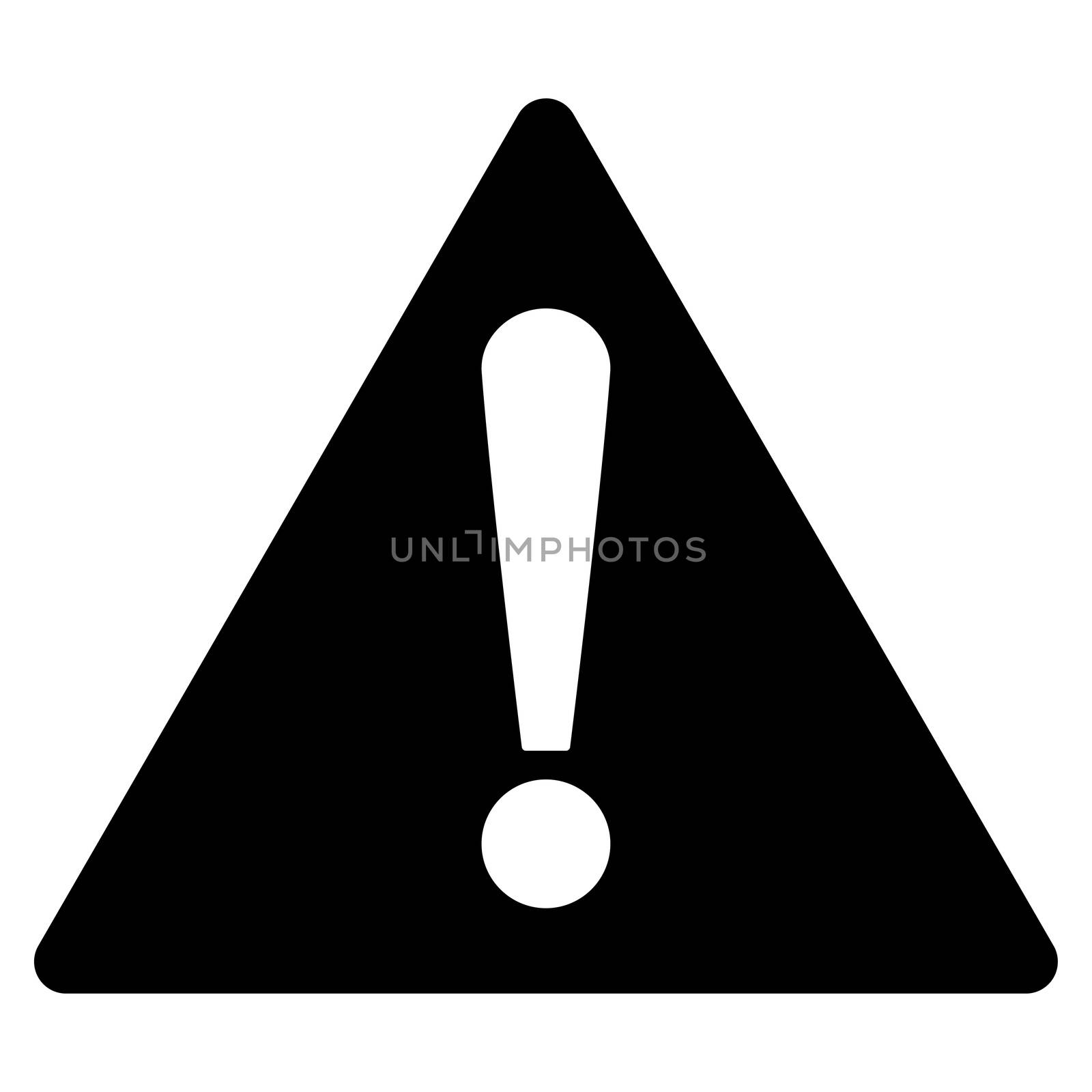 Warning icon from Primitive Set. This isolated flat symbol is drawn with black color on a white background, angles are rounded.