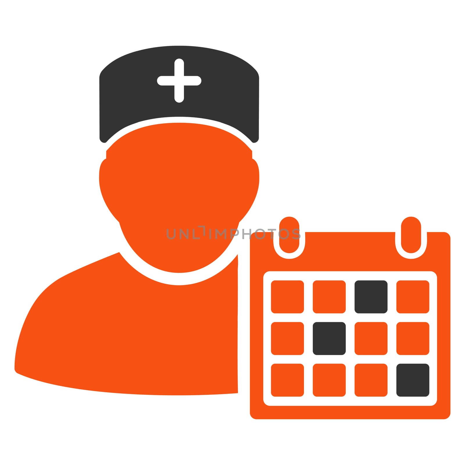 Doctor Calendar glyph icon. Style is bicolor flat symbol, orange and gray colors, rounded angles, white background.
