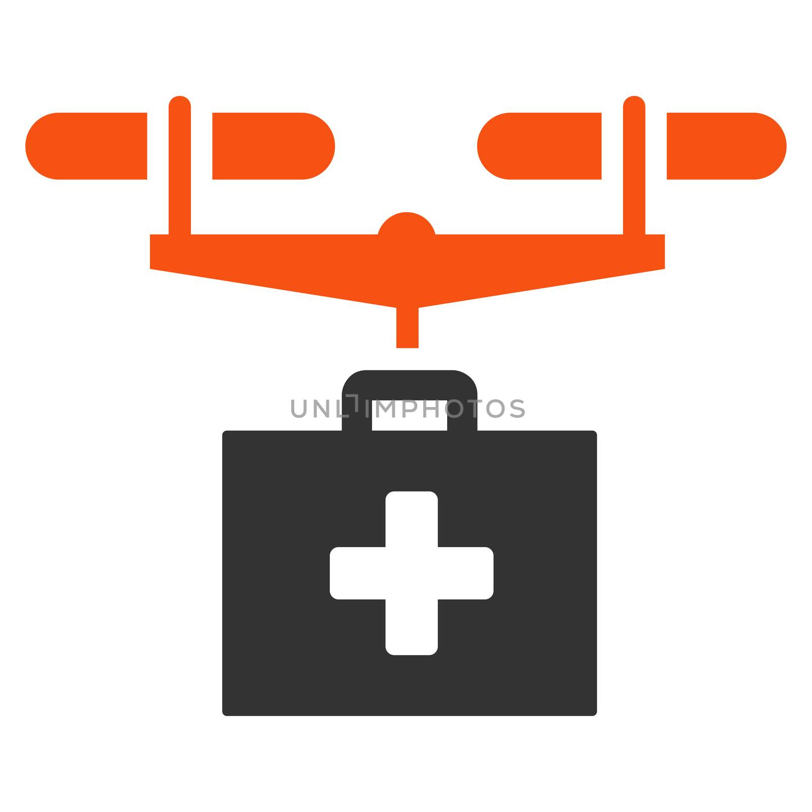 Drug Drone Delivery glyph icon. Style is bicolor flat symbol, orange and gray colors, rounded angles, white background.