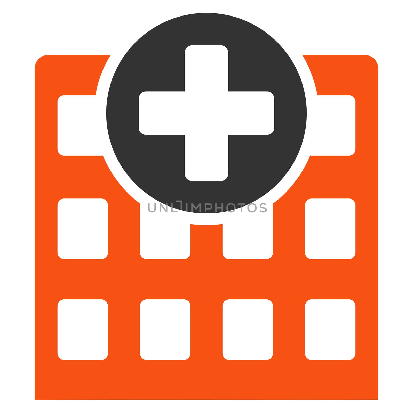 Hospital glyph icon. Style is bicolor flat symbol, orange and gray colors, rounded angles, white background.