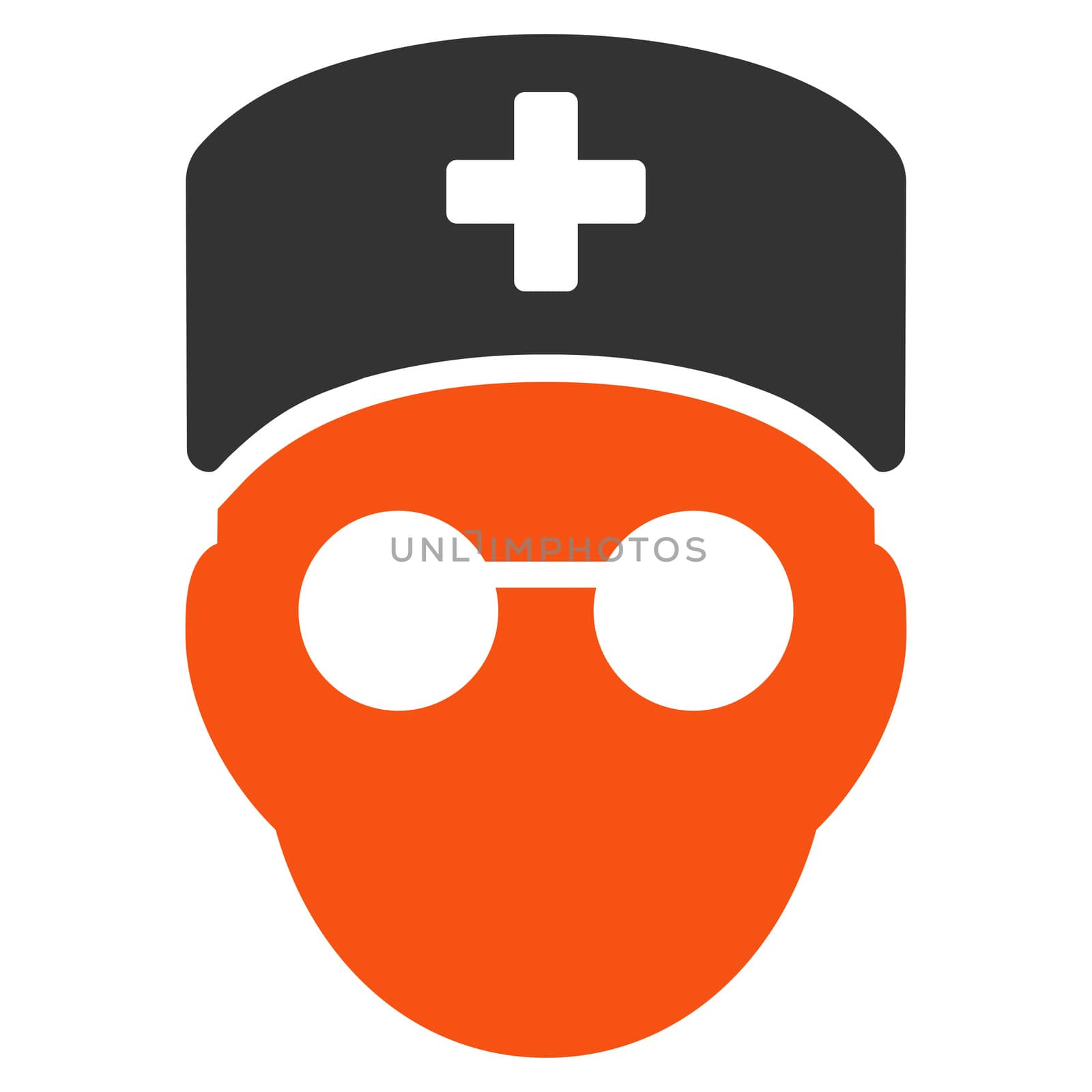 Medic Head glyph icon. Style is bicolor flat symbol, orange and gray colors, rounded angles, white background.
