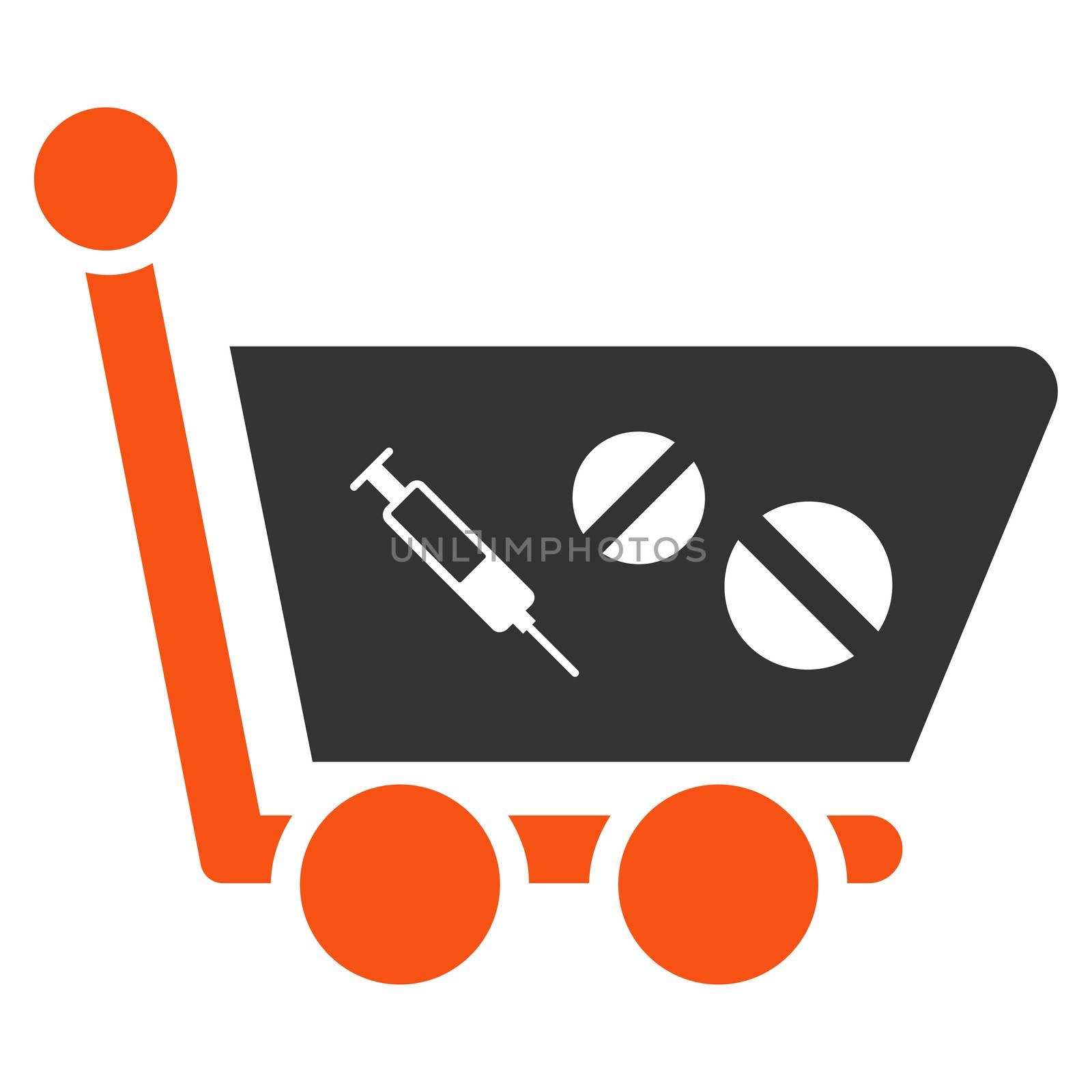 Medication Shopping Cart glyph icon. Style is bicolor flat symbol, orange and gray colors, rounded angles, white background.