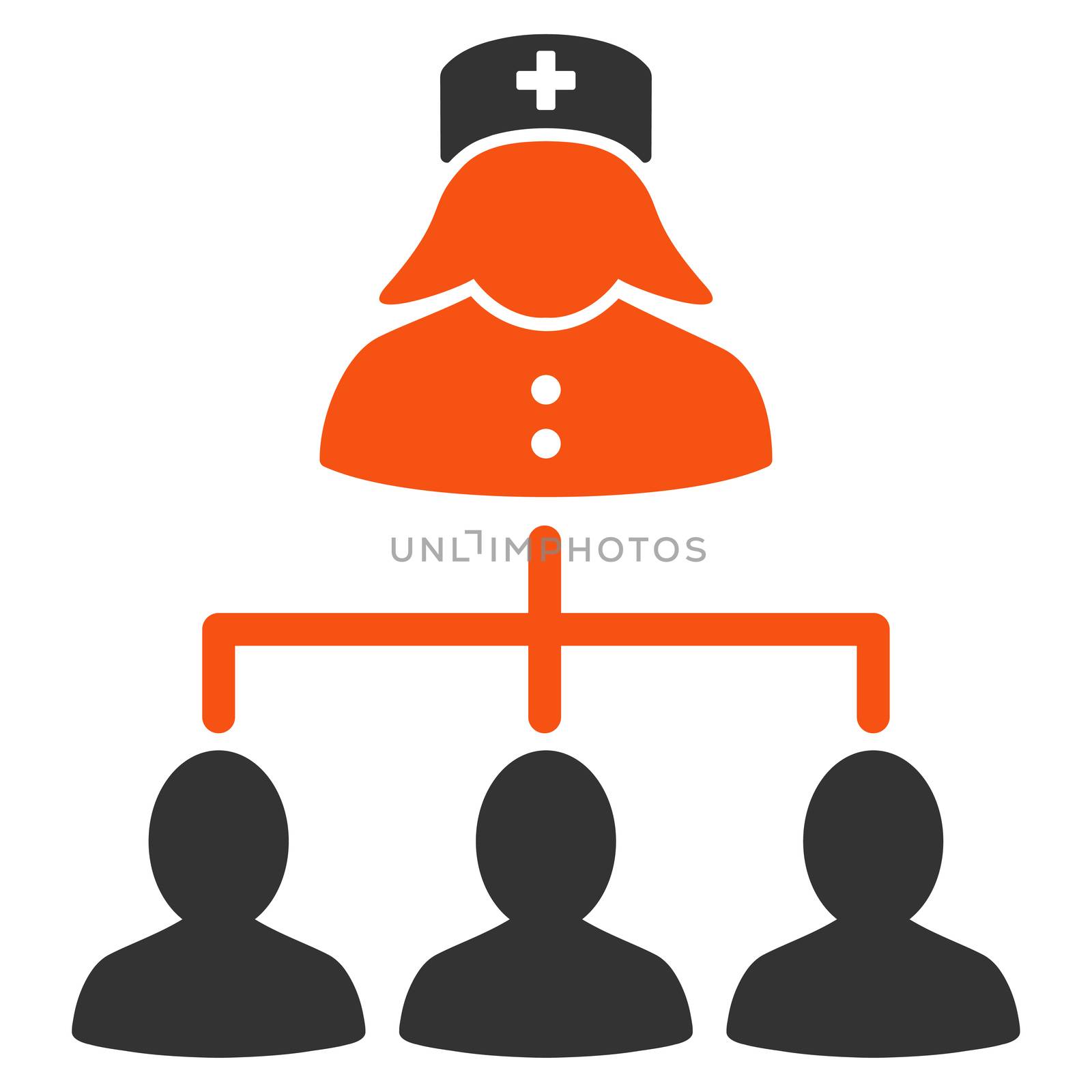 Nurse Patients Connections glyph icon. Style is bicolor flat symbol, orange and gray colors, rounded angles, white background.