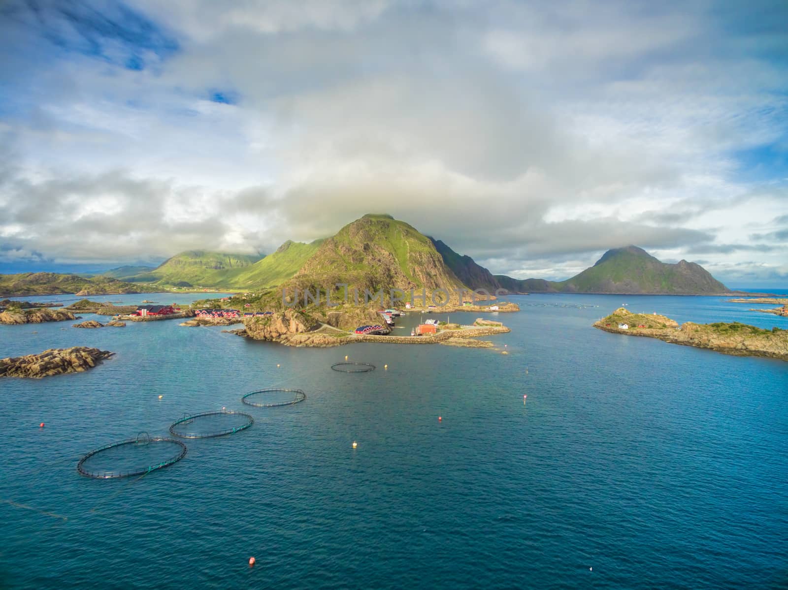 Scenic aerial view of Mortsund, small fishing village on Lofoten in Norway