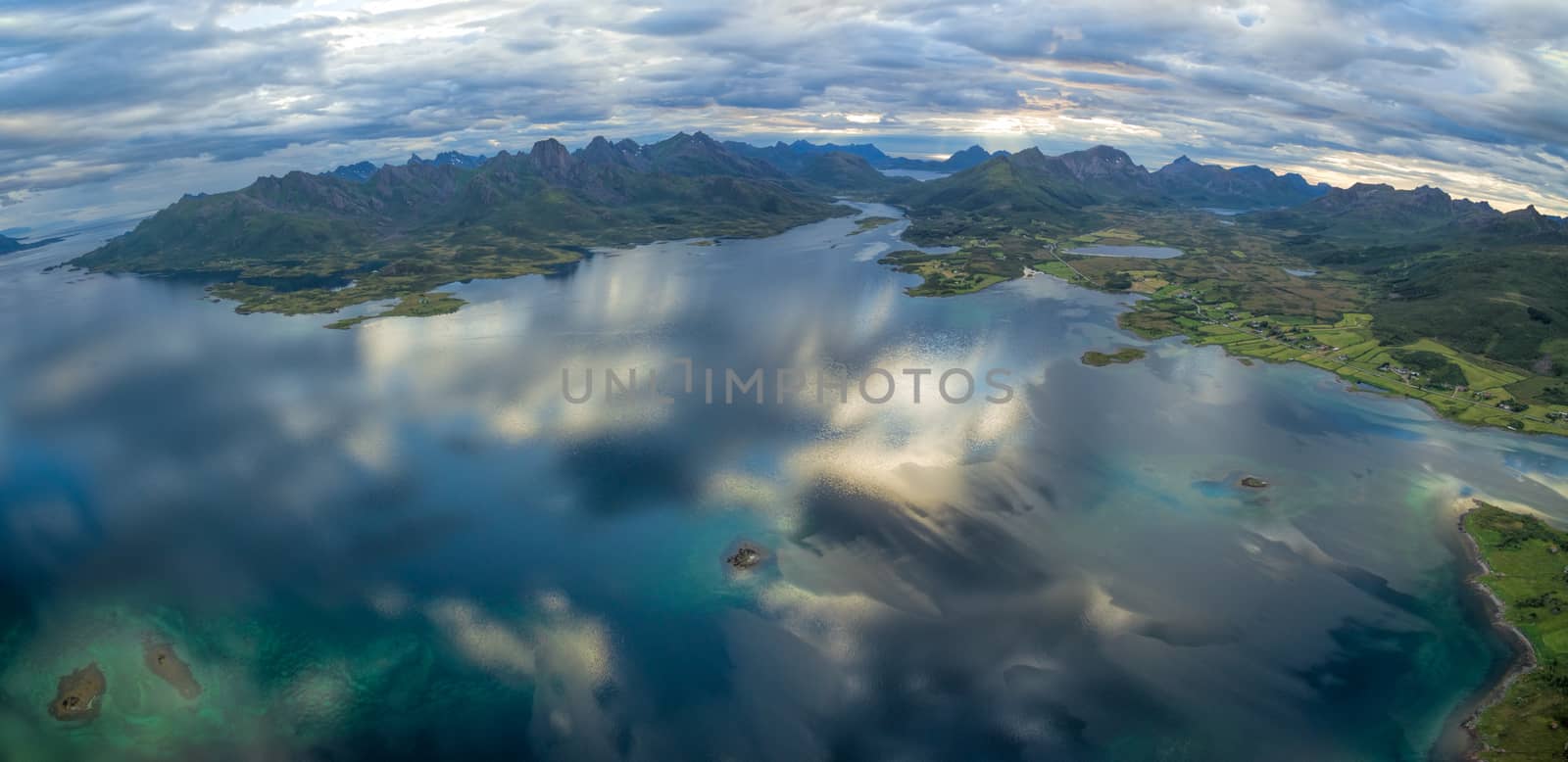 Scenic aerial panorama of Vesteralen islands with their dramatic mountain peaks