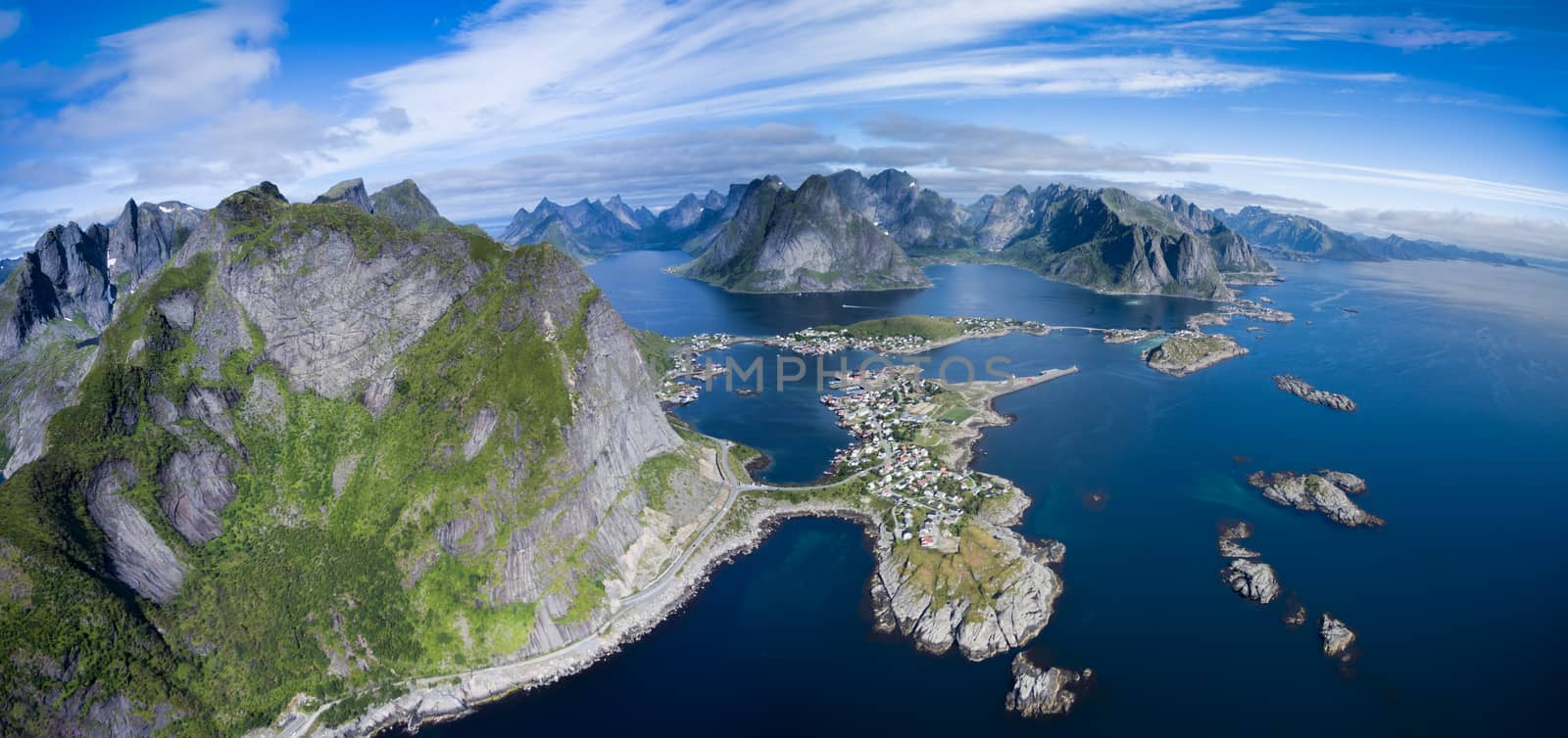 Breathtaking aerial panorama of Lofoten islands in Norway, fishing town of Reine