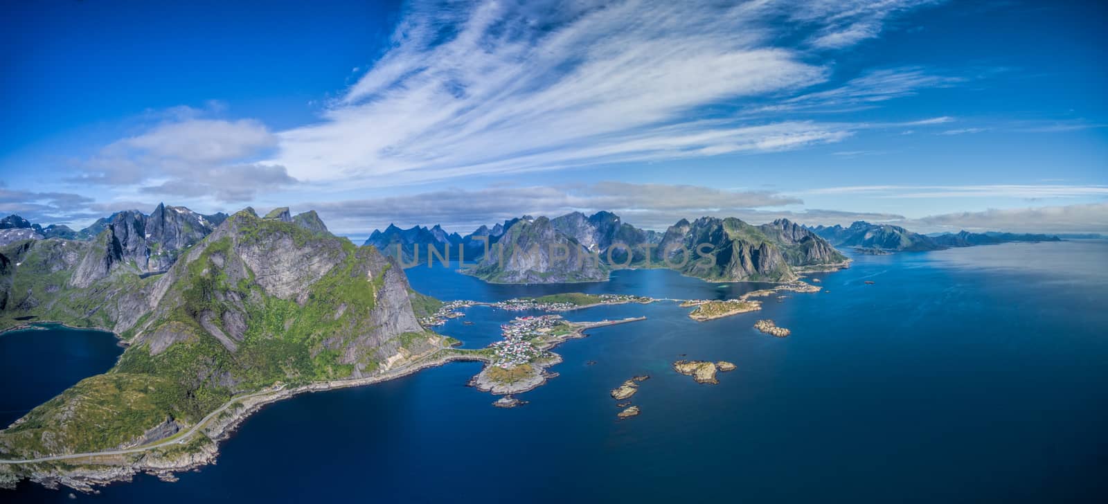 Panorama of Lofoten islands in Norway, aerial view of fishing town Reine