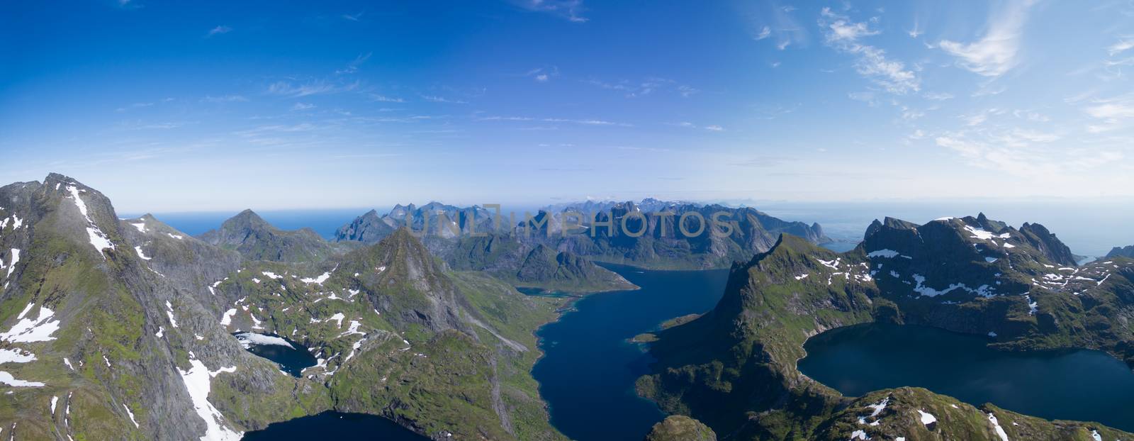 Breathtaking aerial panorama of Lofoten islands in Norway, famous for its natural beauty