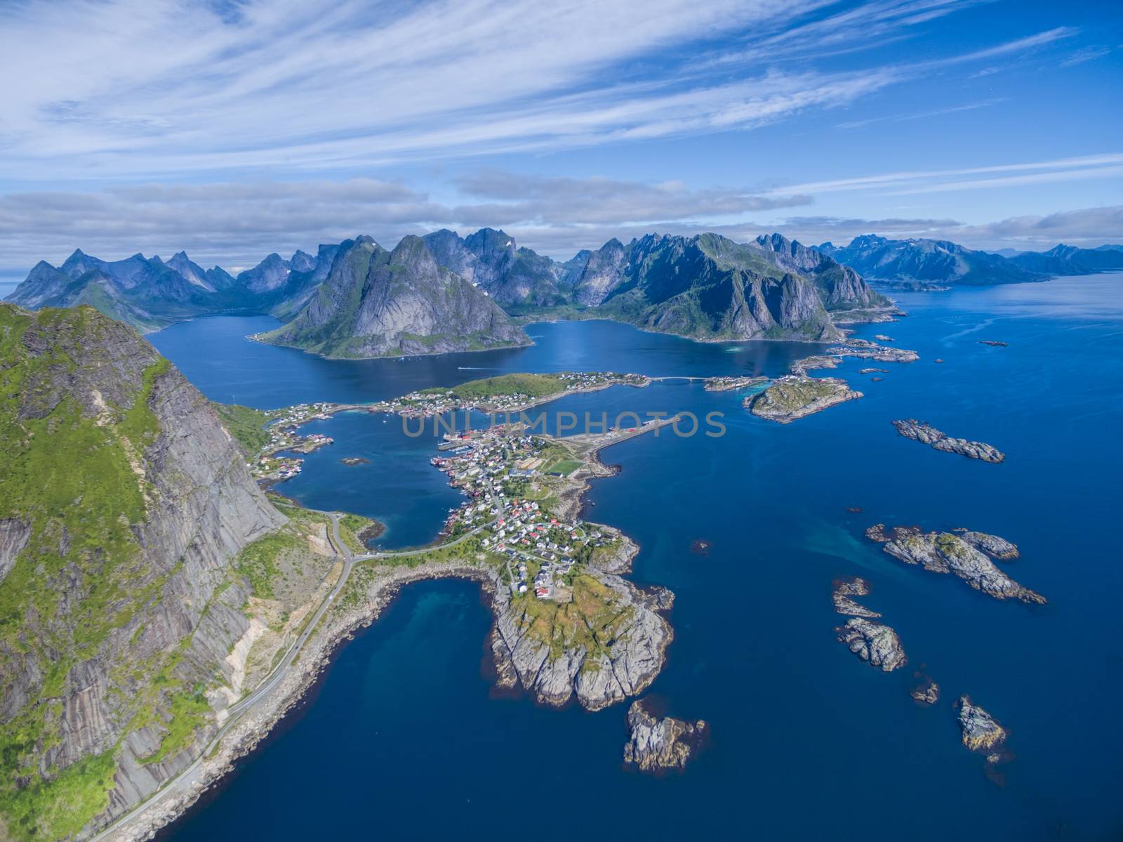 Picturesque fishing port Reine on Lofoten islands from air