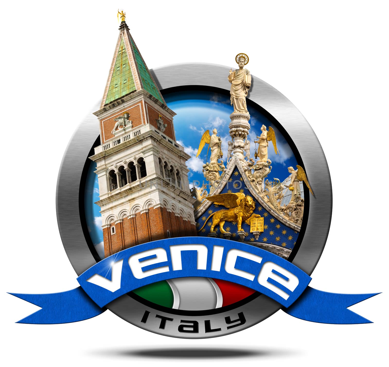 Round metal icon with Italian flag, blue ribbon with text Venice, with the most important monuments of the city, bell tower and cathedral of St. Mark