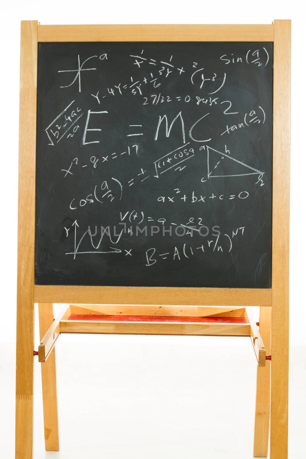Blackboard or chalkboard with mathematics formulas in plain isolated white background.
