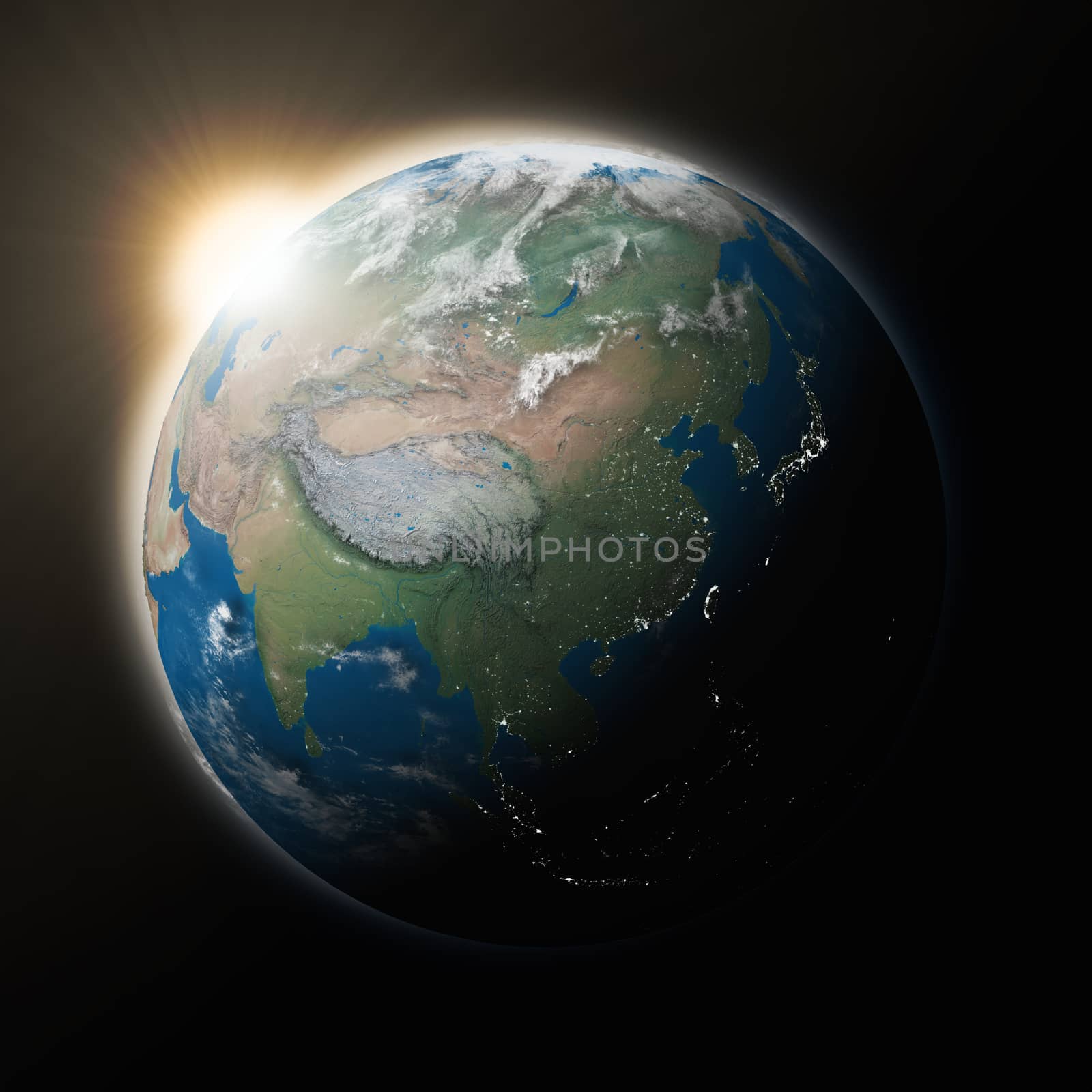 Sun over Southeast Asia on blue planet Earth isolated on black background. Highly detailed planet surface. Elements of this image furnished by NASA.