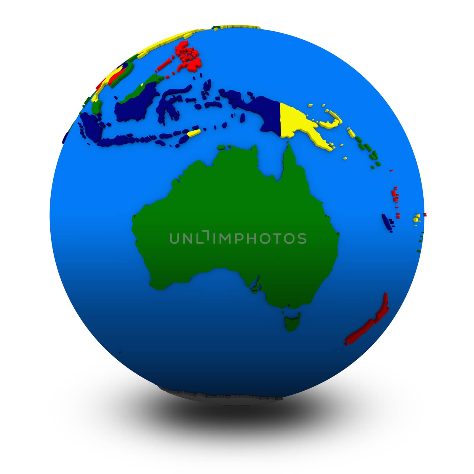 Australia on political globe, illustration isolated on white background with shadow
