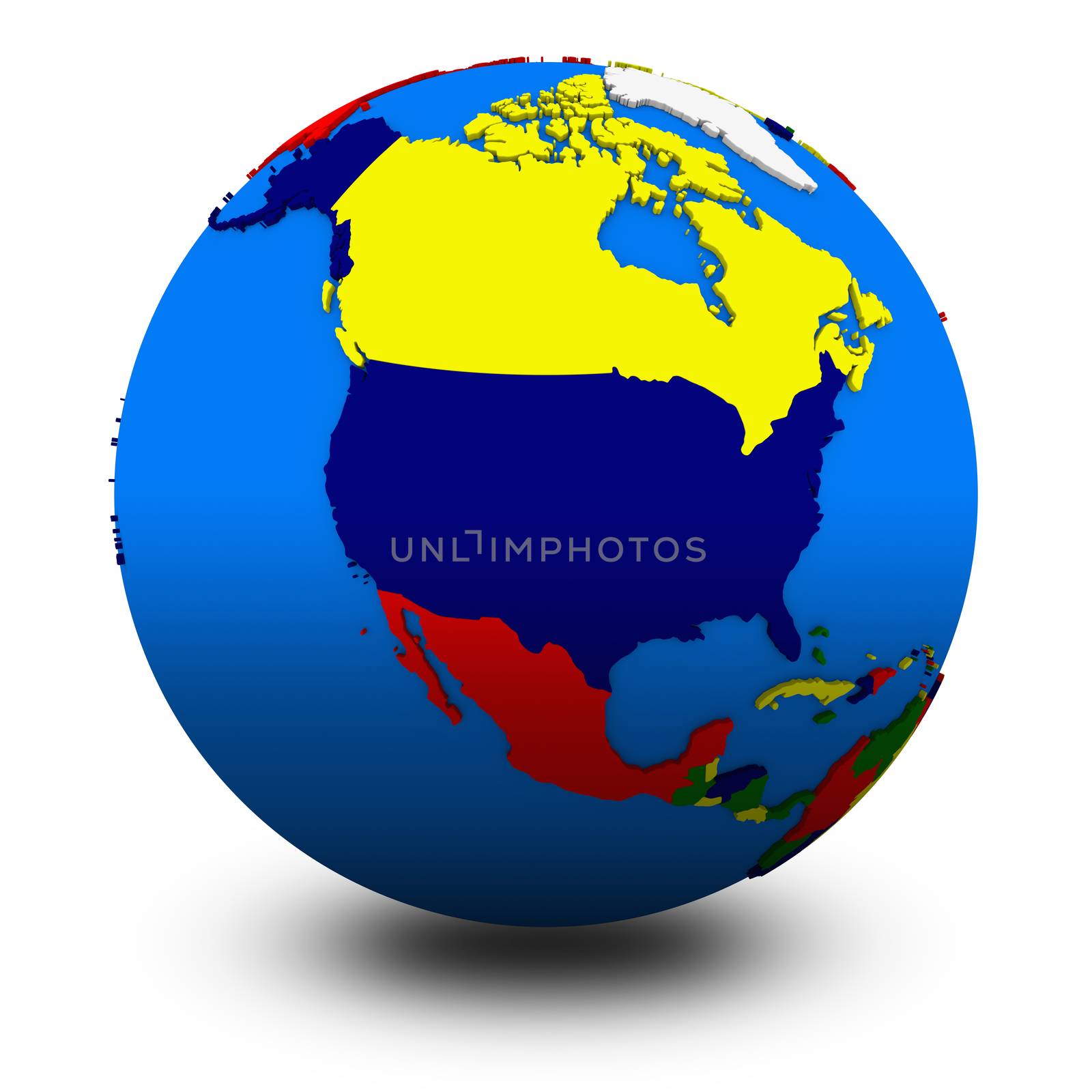 north America on political globe, illustration isolated on white background with shadow