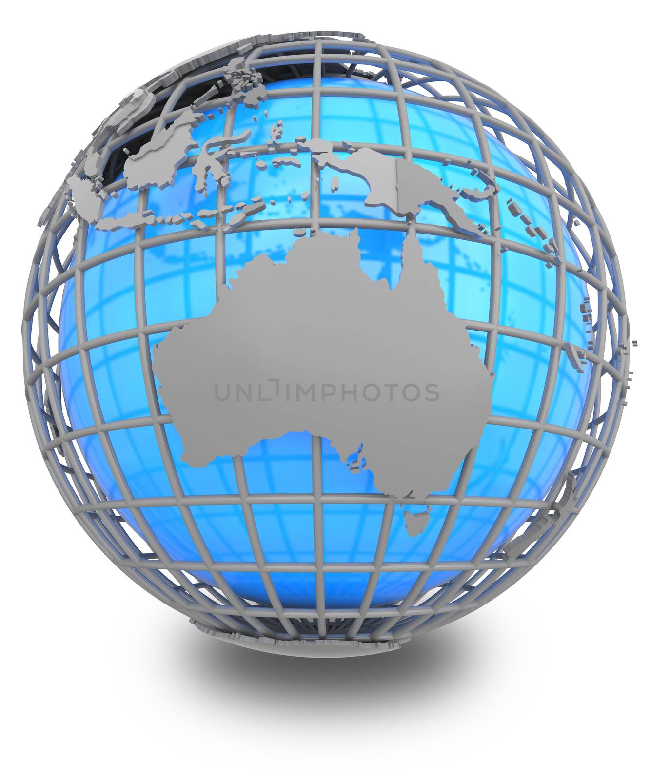 Australia on a grey geographic net enveloping Earth, isolated on white background.