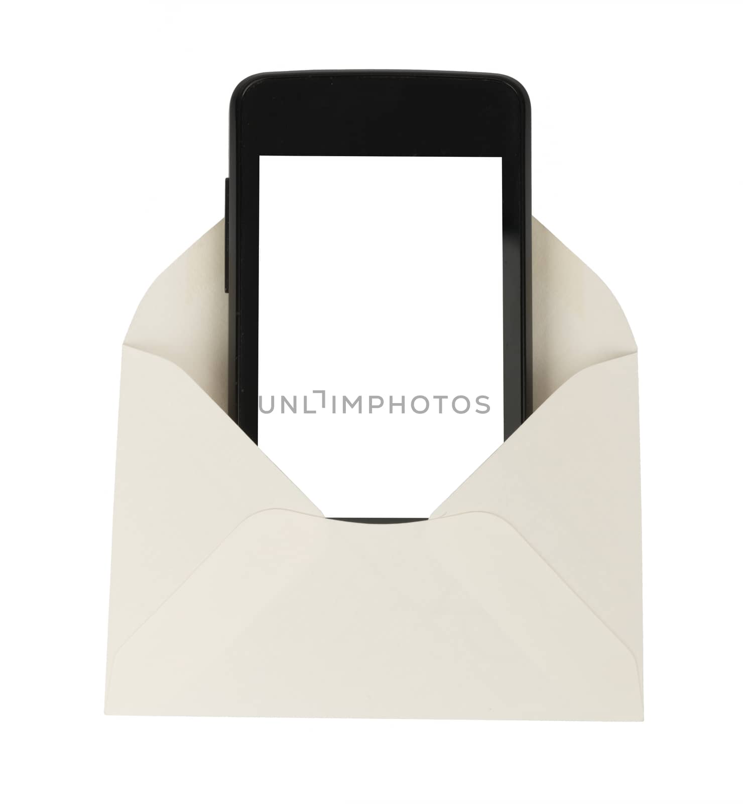 Open white envelope with smartphone by cherezoff