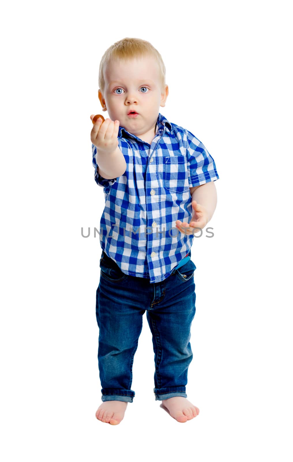 Little boy in a plaid shirt in full growth. White background. Studio