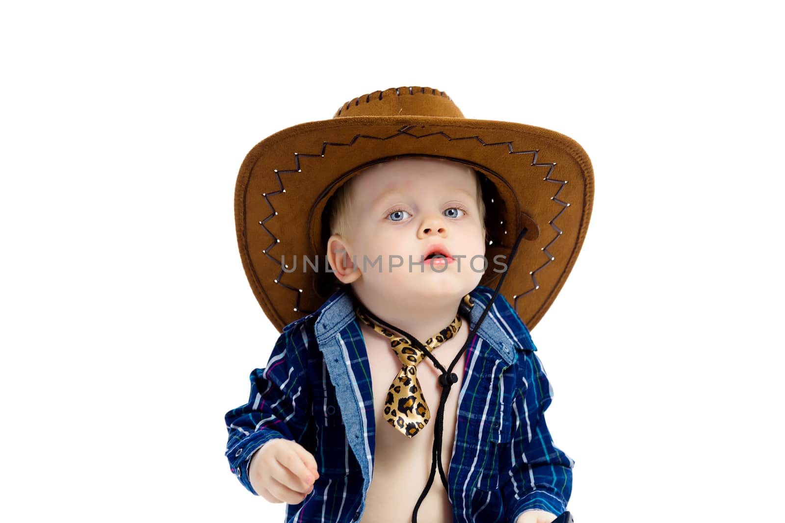Little boy in cowboy hat and tie. White background. Studio