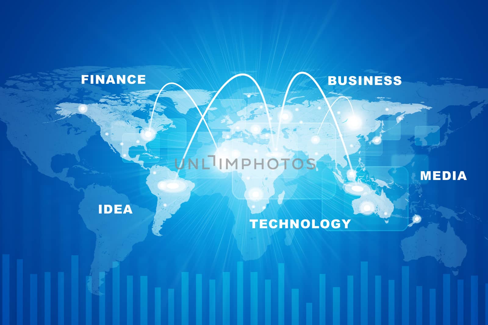 Business words with world map on abstract blue background