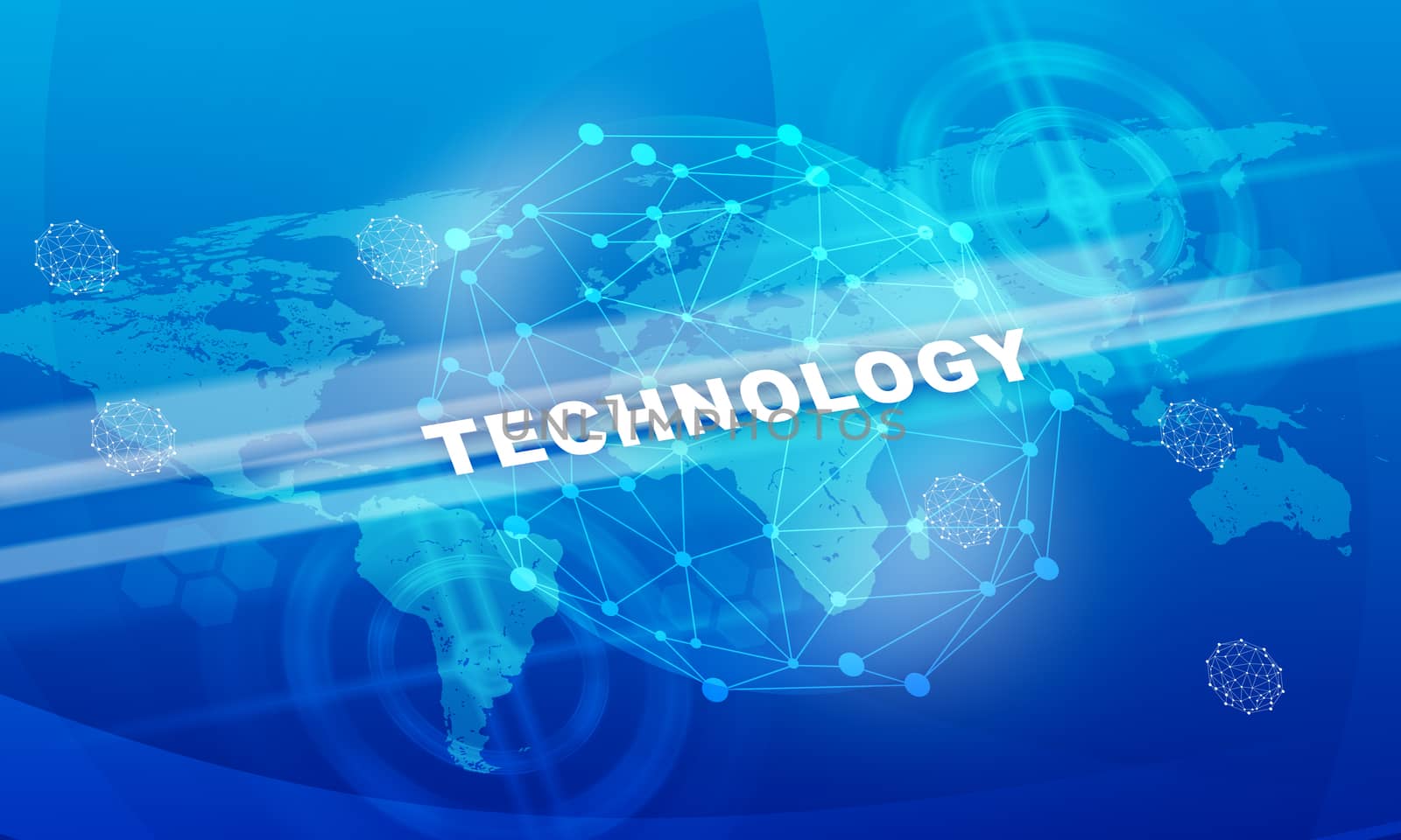 Technology word with world map on abstract blue background