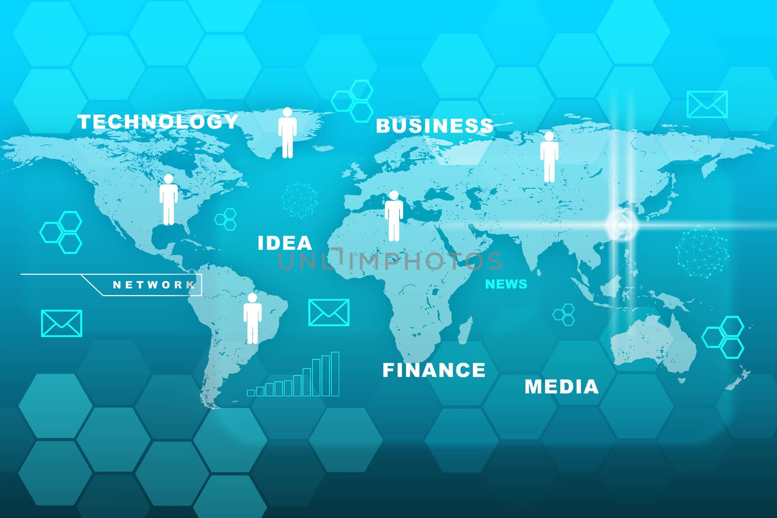 Business words with world map on abstract blue background