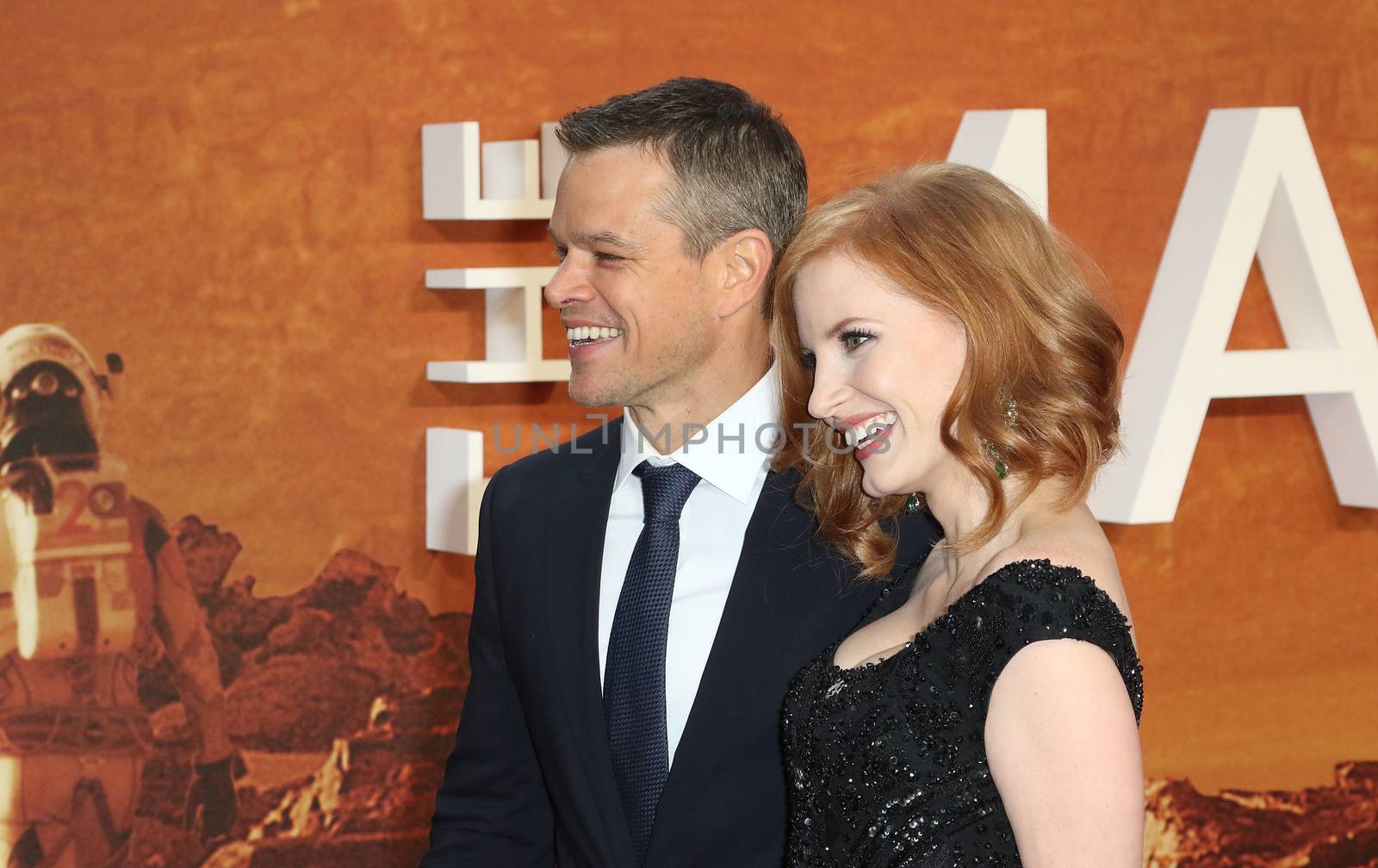 ENGLAND, London: Matt Damon and Jessica Chastain attend the European premiere of The Martian in Leicester Square in London, UK on September 24, 2015
