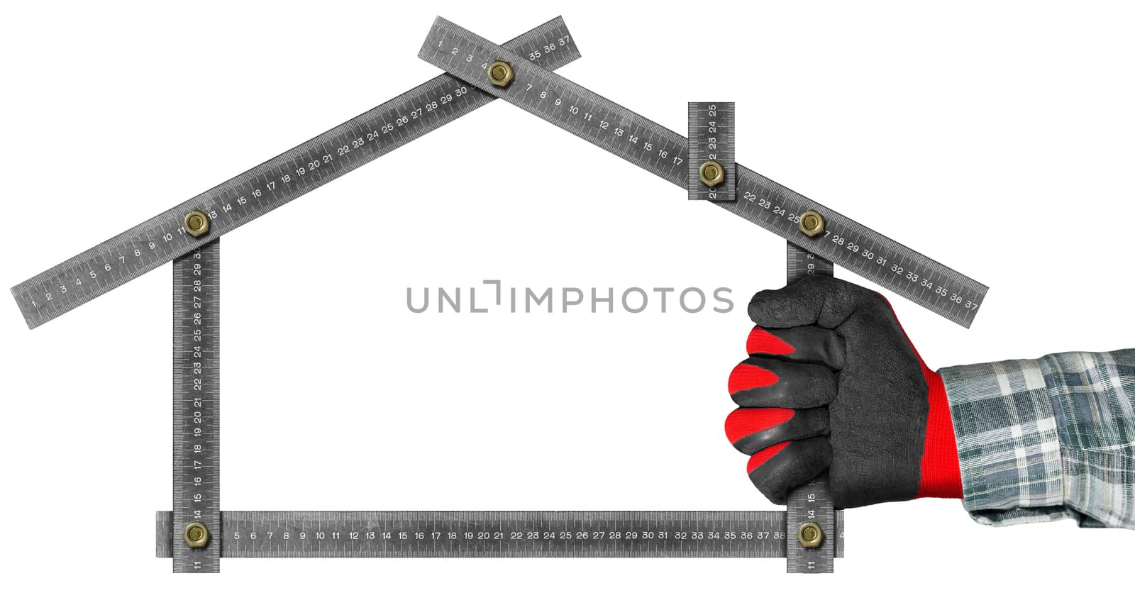 Hand with red and black work glove holding a metal meter ruler in the shape of house isolated on white background. Concept of house project 