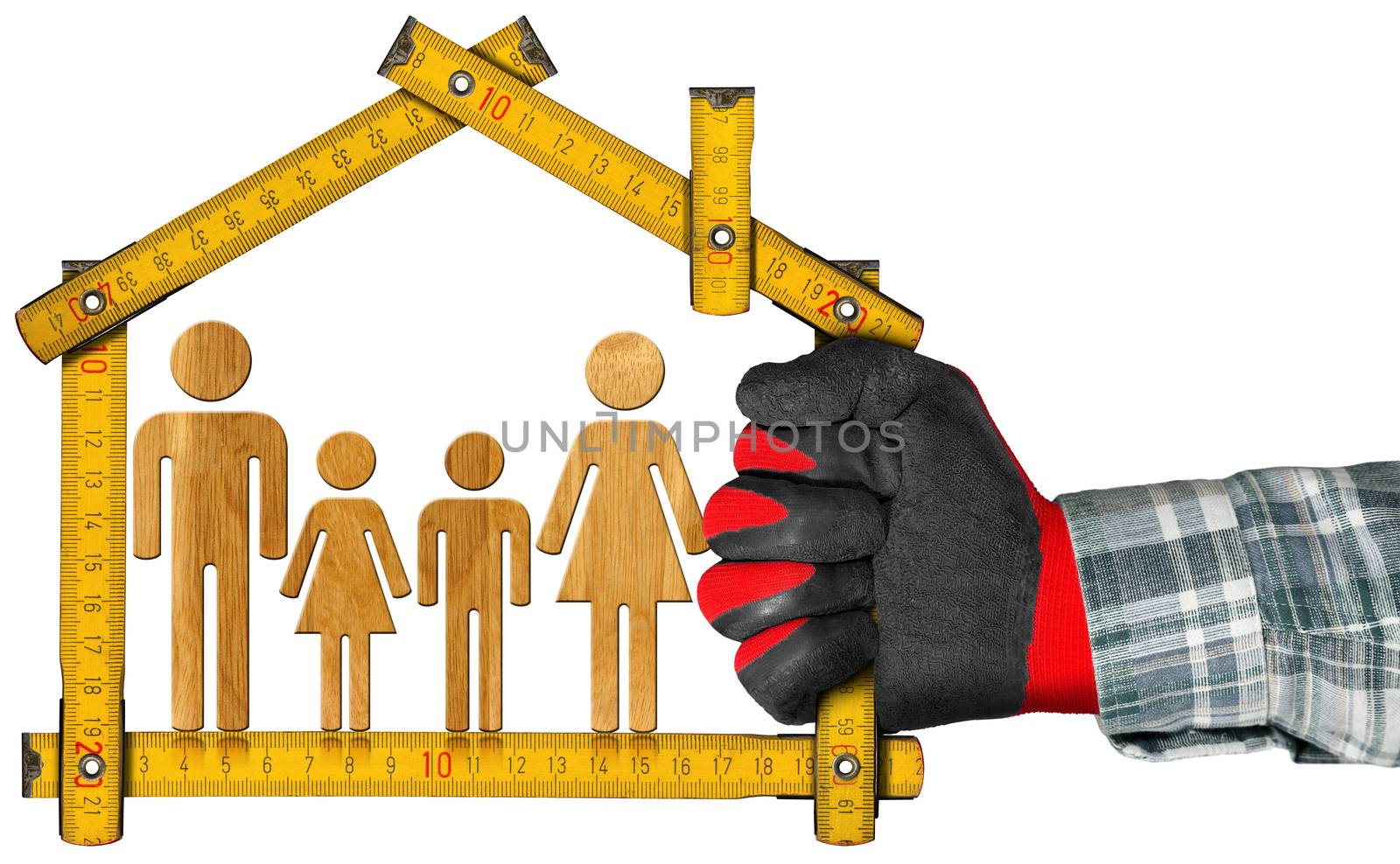 Hand with work glove holding a wooden meter ruler in the shape of house with symbol of a family. Isolated on white. Concept of house project 