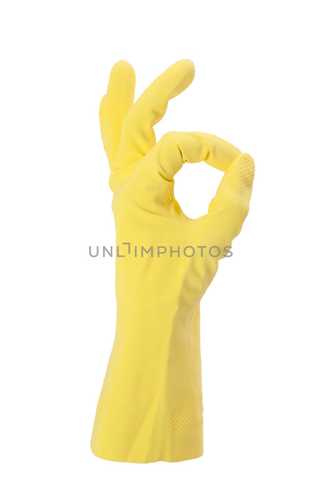 Hand gesturing with yellow cleaning product glove by michaklootwijk