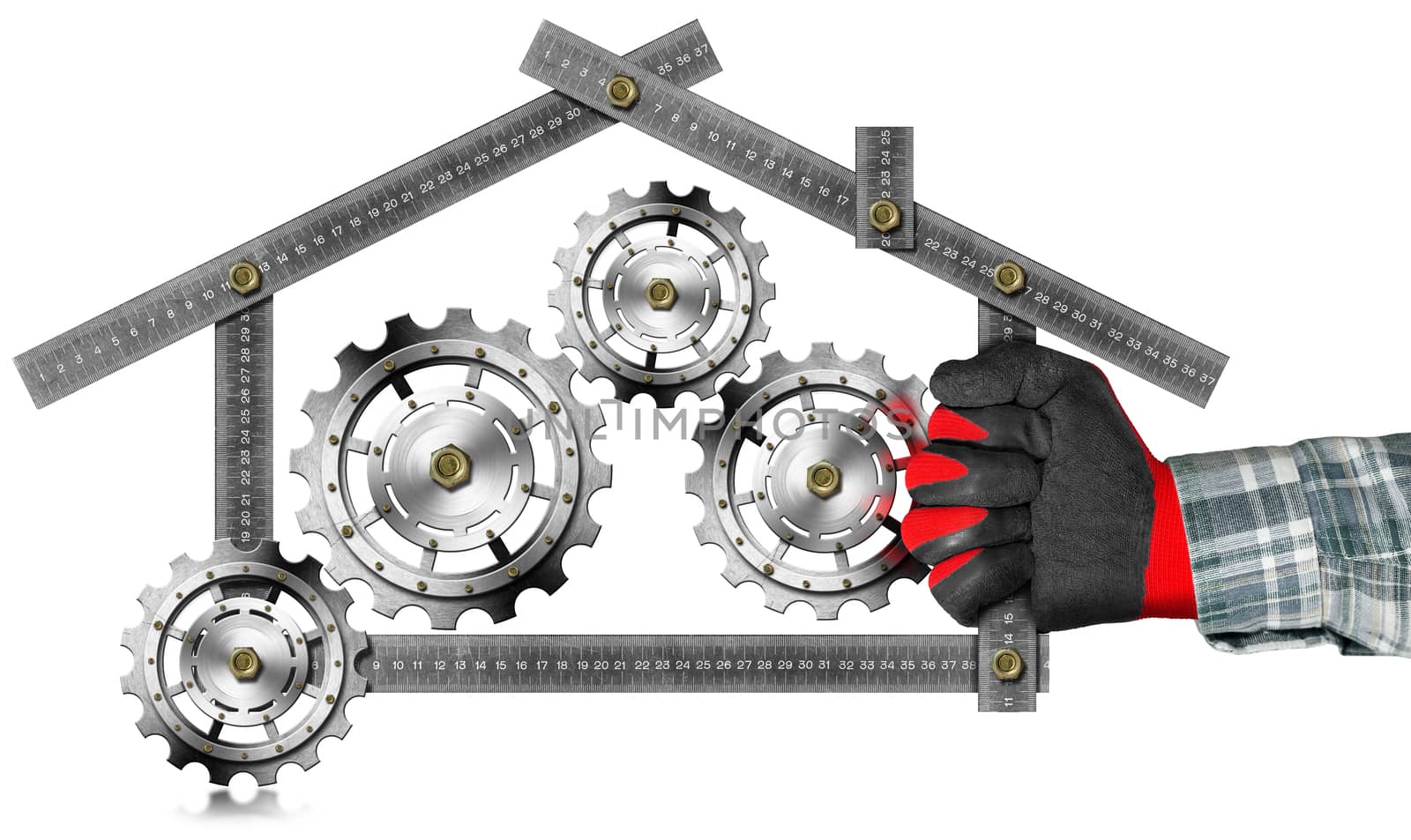 Hand with work glove holding a metal meter ruler in the shape of house with gears, symbol of house industry. Isolated on a white background