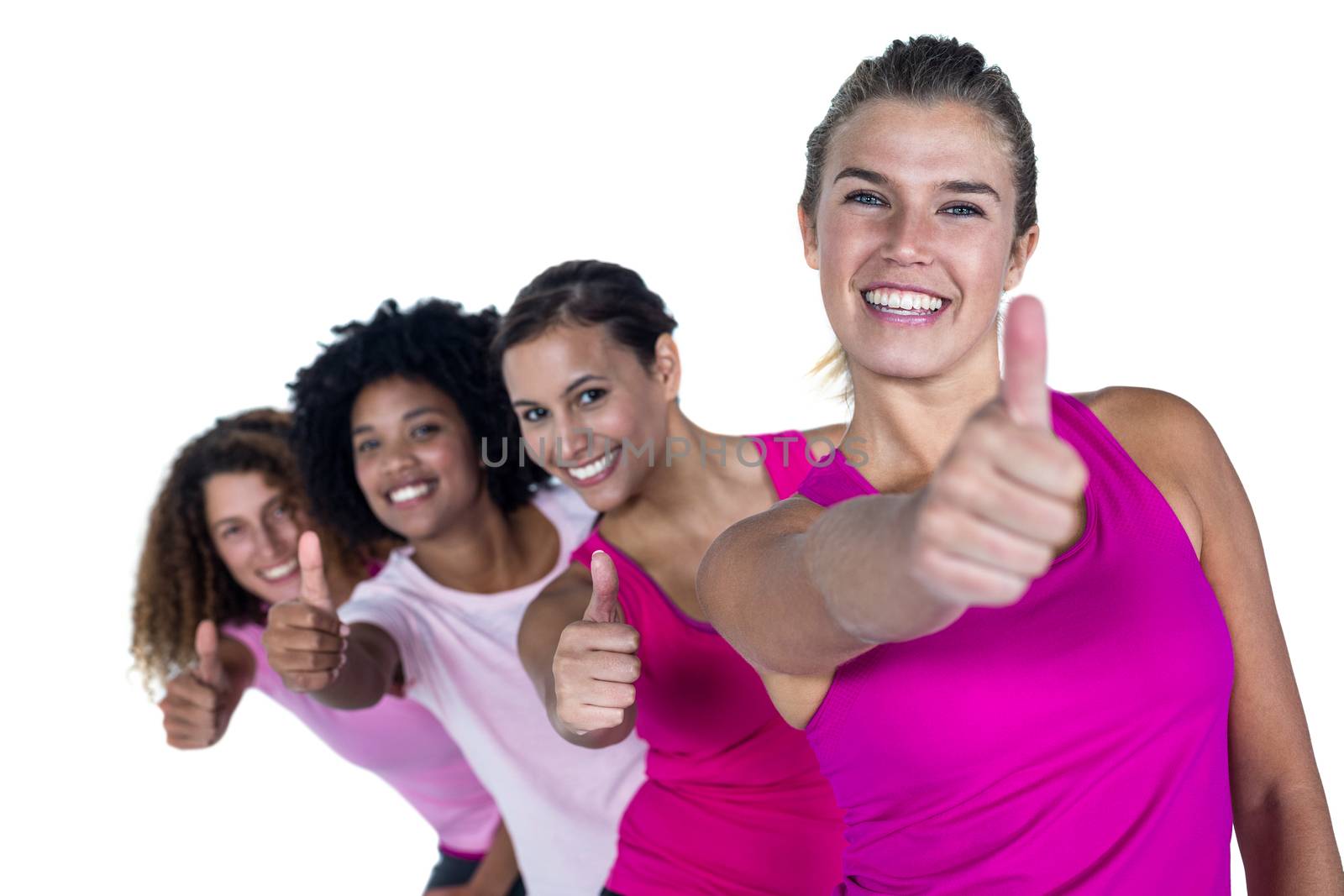 Portrait of happy women with thumbs up against white background