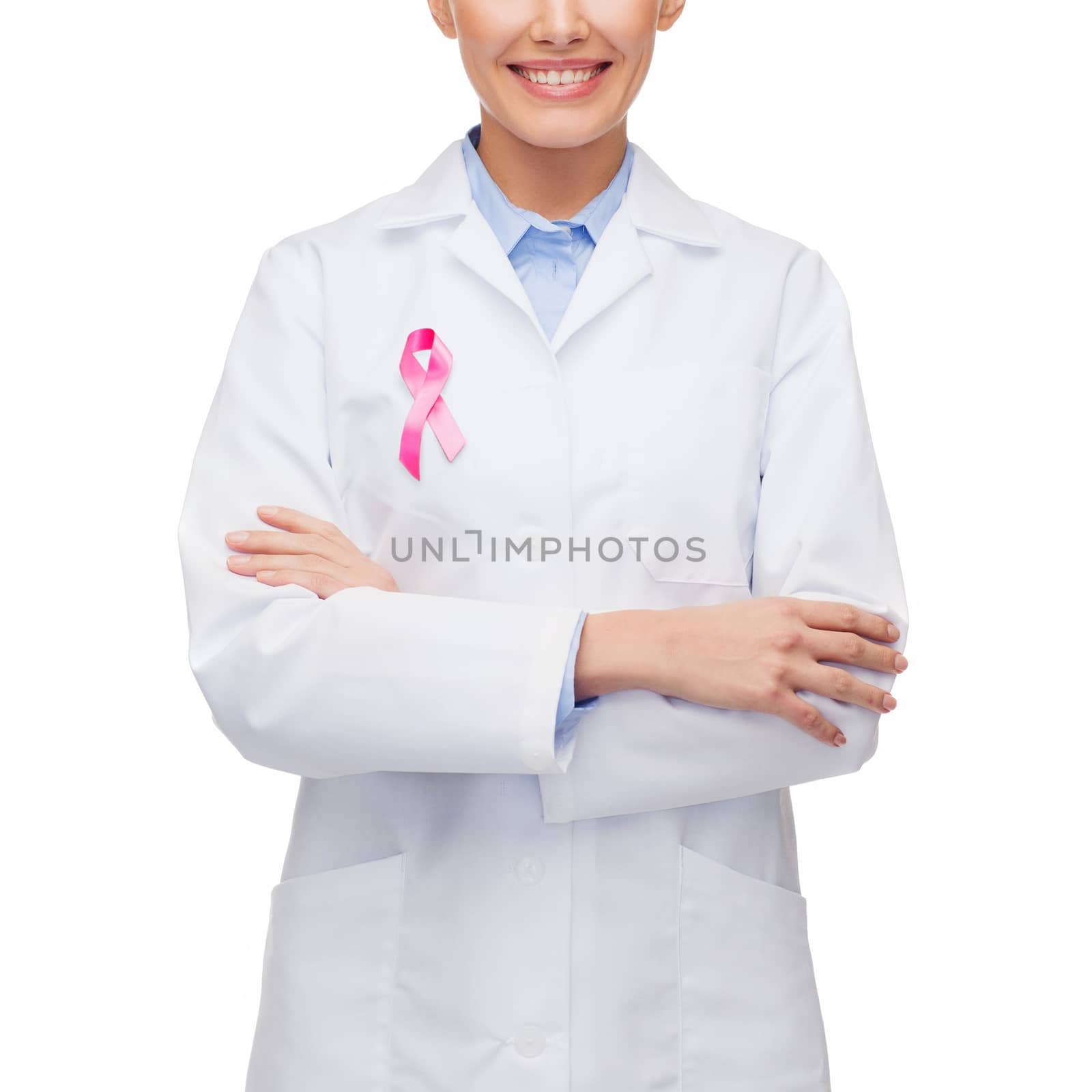 female doctor with breast cancer awareness ribbon by dolgachov