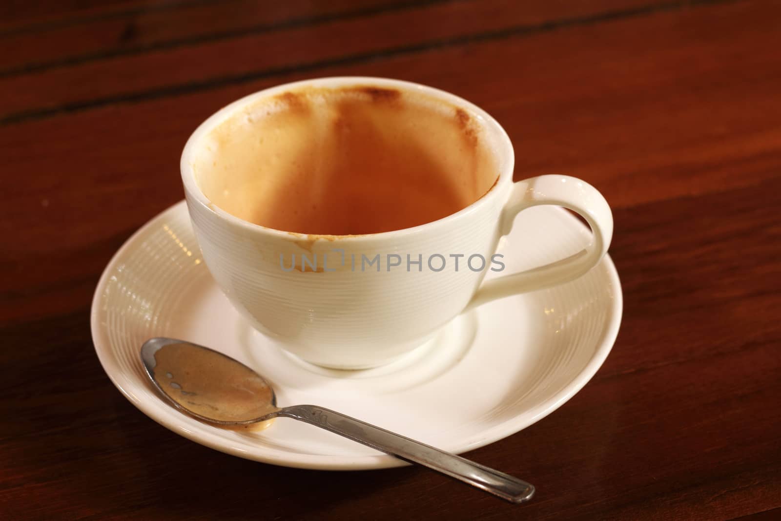 Empty used coffee cup on wooden table