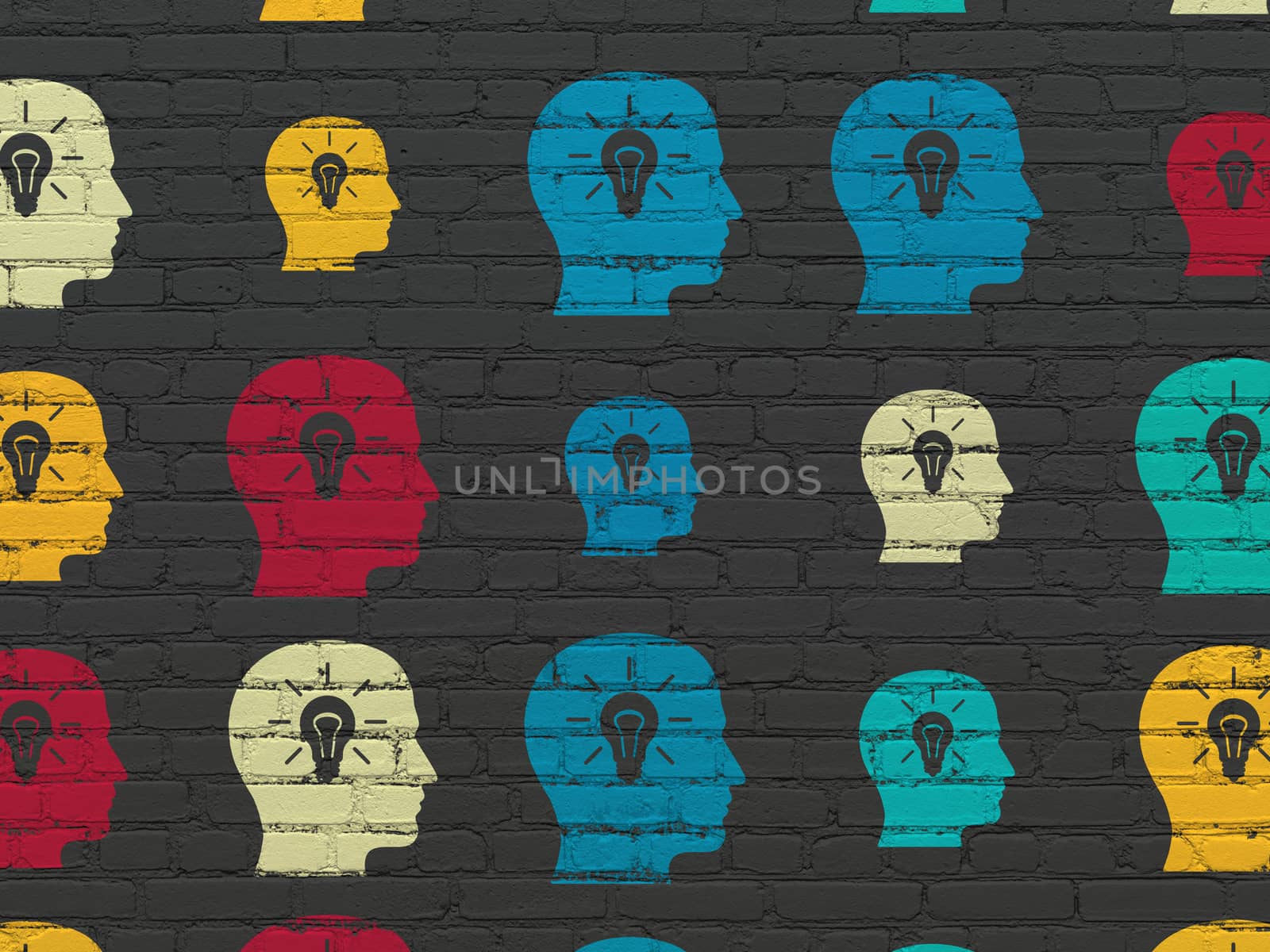 Information concept: Head With Light Bulb icons on wall background by maxkabakov