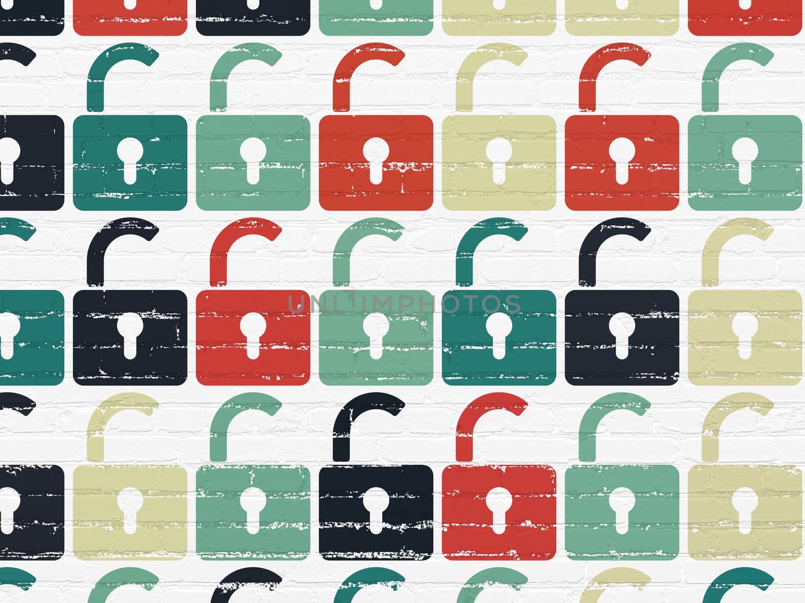 Data concept: Painted multicolor Opened Padlock icons on White Brick wall background, 3d render