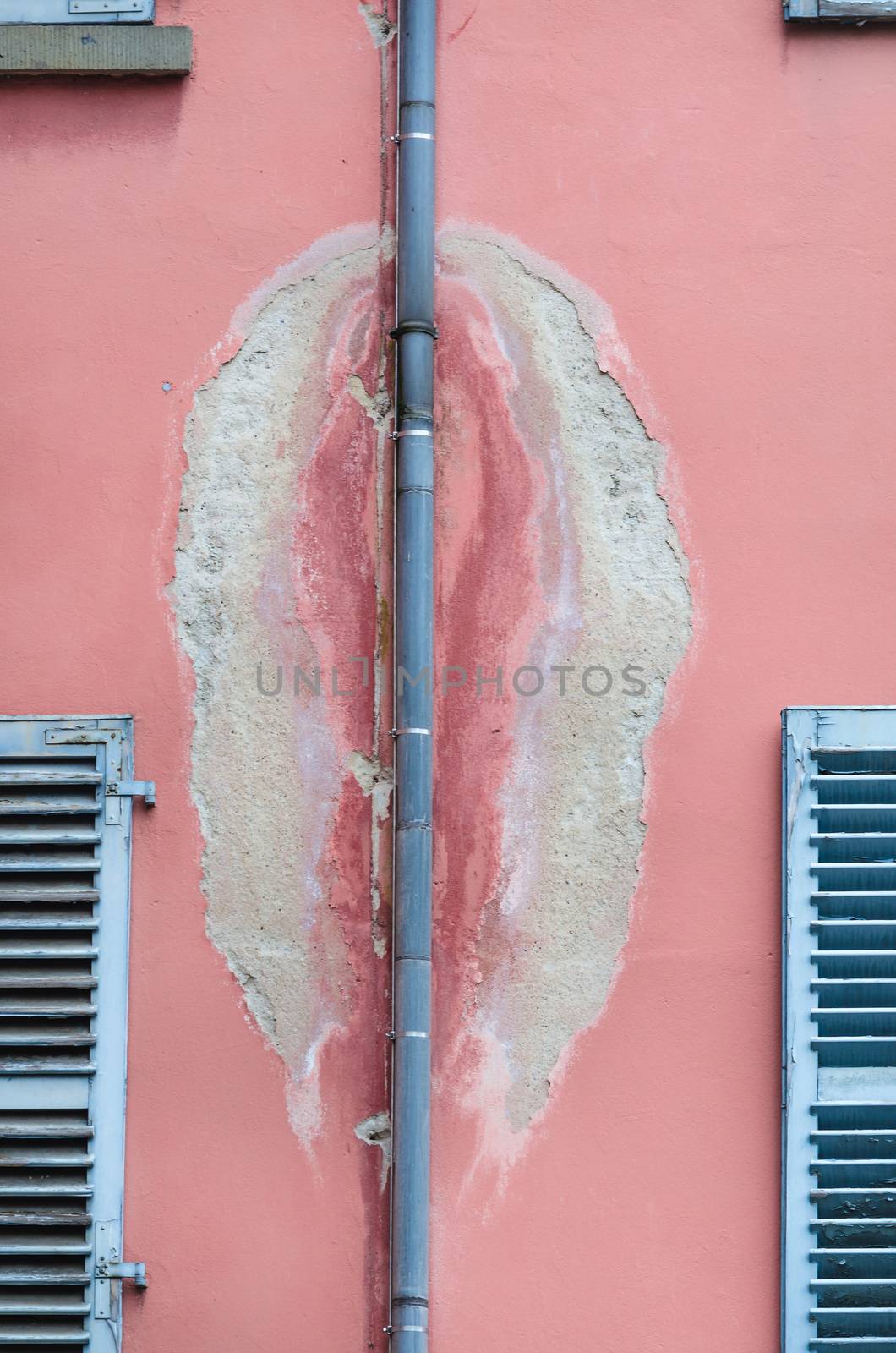 Photo of an old dirty wall with a damaged drain pipe for rain water.