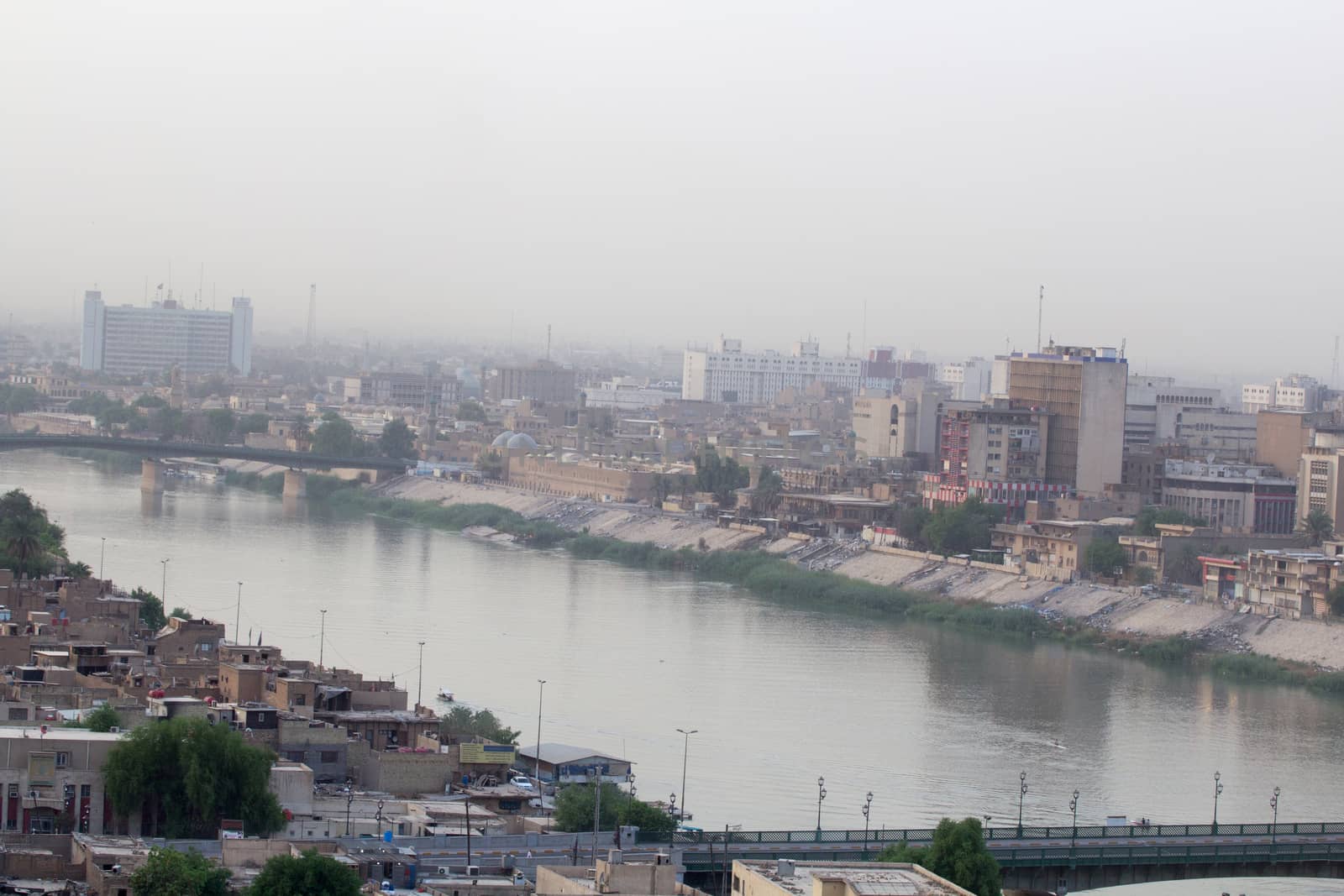 IRAQ, Baghdad: Aerial stock shots of the city of Baghdad, showing two of the main mosques, residential complexes and the Tigris River and bridges, photographed by Rasoul Ali on September 21, 2015. 