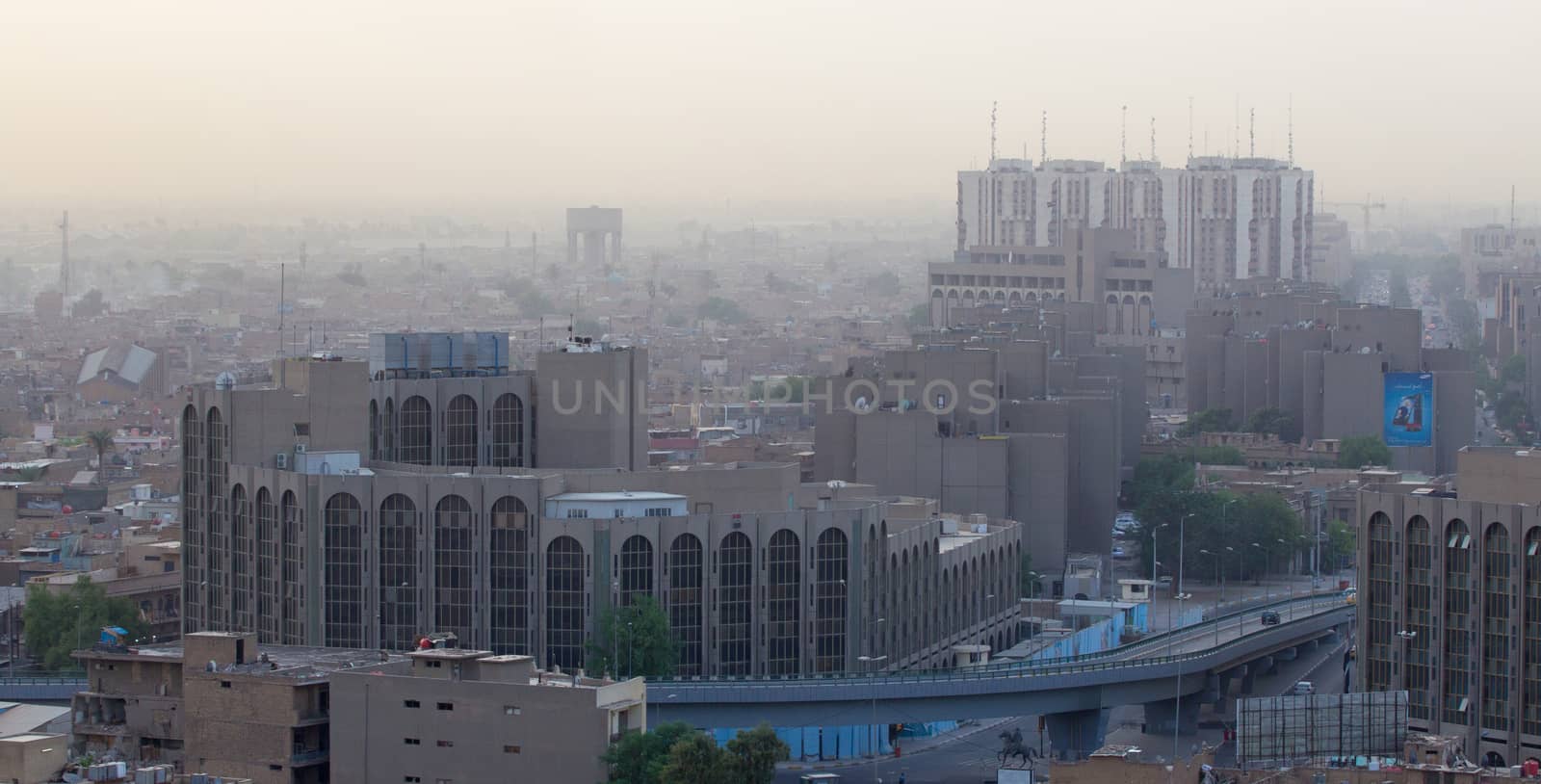 IRAQ, Baghdad: Aerial stock shots of the city of Baghdad, showing two of the main mosques, residential complexes and the Tigris River and bridges, photographed by Rasoul Ali on September 21, 2015. 