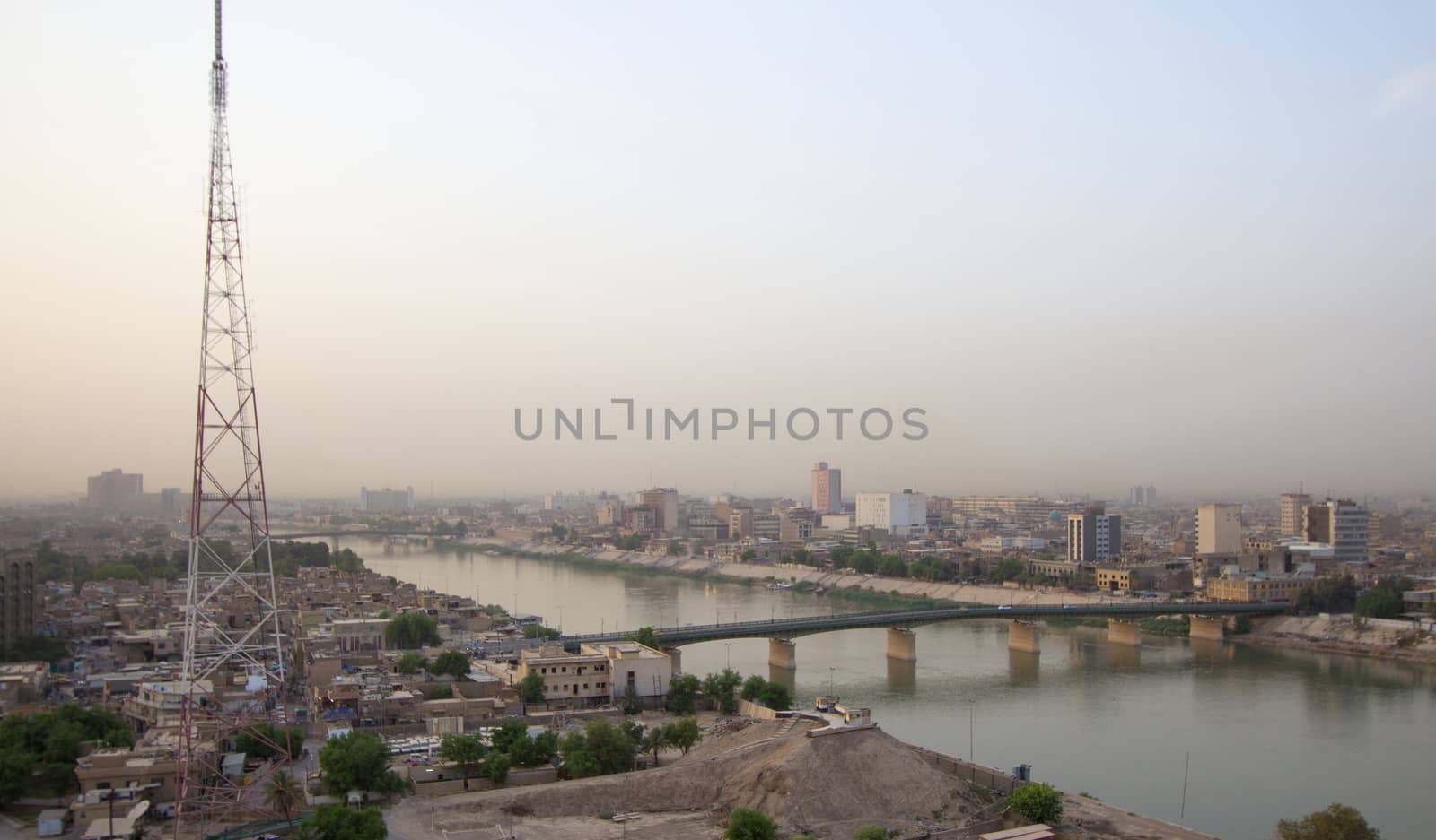 IRAQ, Baghdad: Aerial stock shots of the city of Baghdad, showing two of the main mosques, residential complexes and the Tigris River and bridges, photographed by Rasoul Ali on September 21, 2015. 