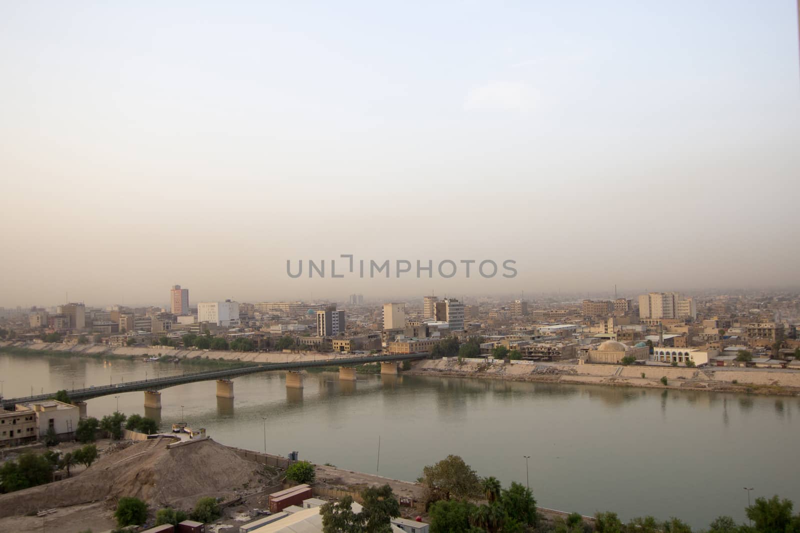 IRAQ, Baghdad: Aerial stock shots of the city of Baghdad, showing two of the main mosques, residential complexes and the Tigris River and bridges, photographed by Rasoul Ali on September 21, 2015. 