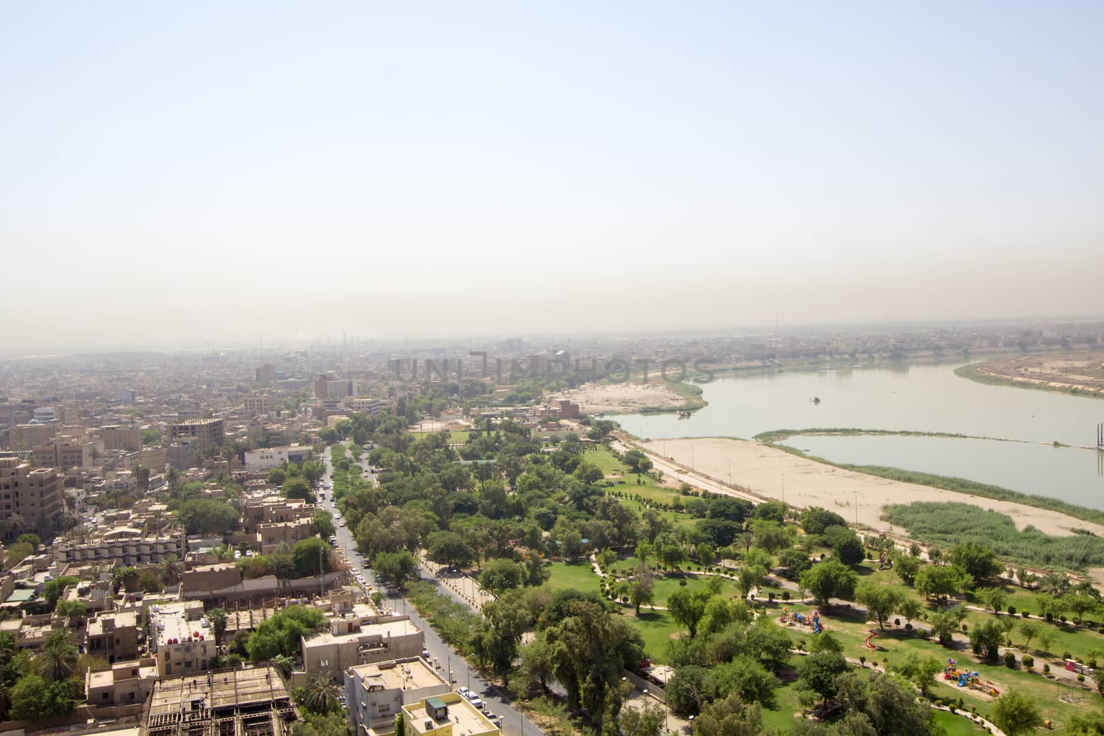 IRAQ, Baghdad: Aerial stock shots of the city of Baghdad, showing two of the main mosques, residential complexes and the Tigris River and bridges, photographed by Rasoul Ali on September 21, 2015. 